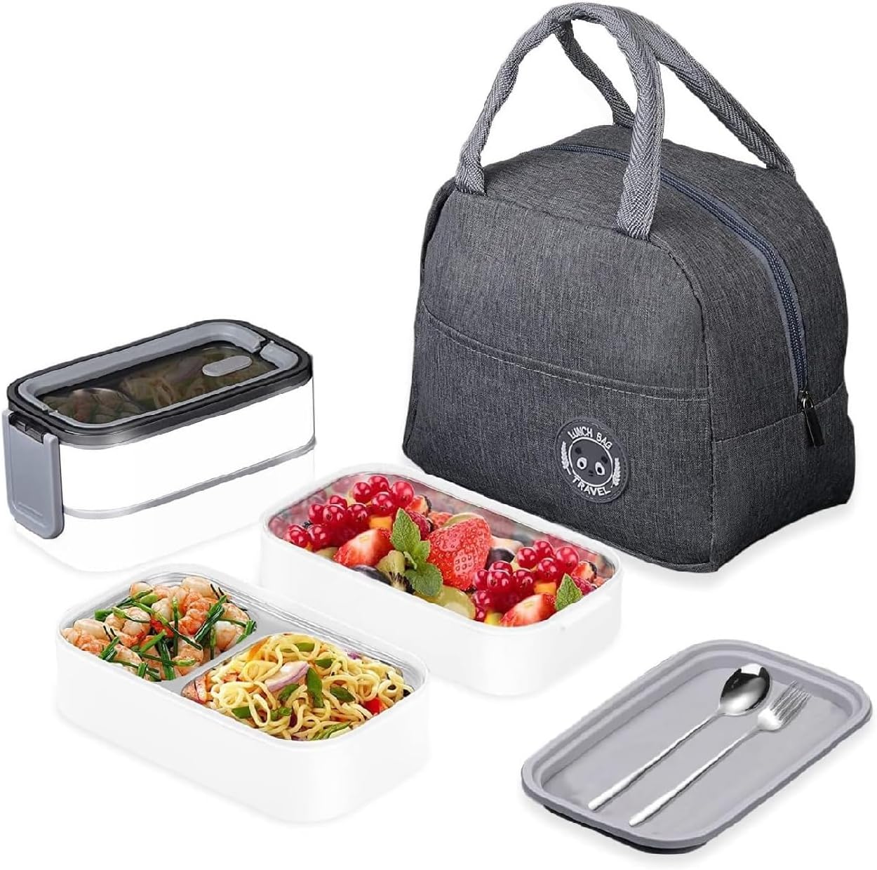 Stainless Steel Lunch Box - Insulated Bento Box Multifunctional Containers Food Containers with 2 Compartments,Tableware, Nylon insulation bag (Grey)