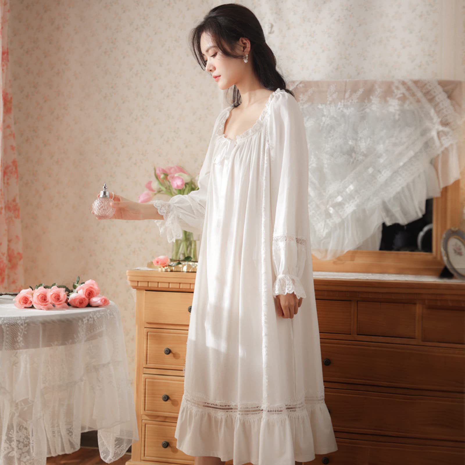 OFFSUM Camicia da Notte Donna - Primavera Girocollo Cotone Elegante Camicia da Notte retrò Palace Stile Camicia da Notte Principessa Casual Tinta Unita Nightwear Vestito