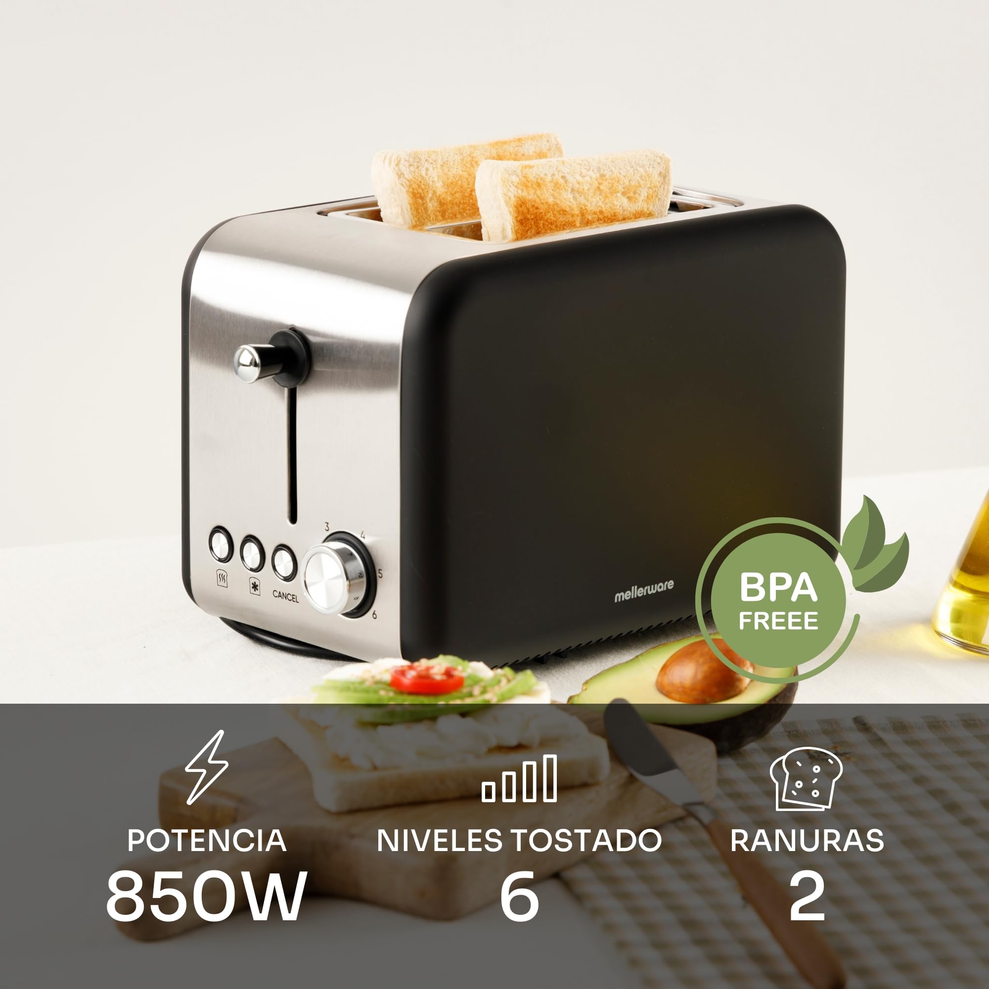 Mellerware - Tostadora Crispy! Inox 850W | 3en1 (Recalentar, Descongelar, Tostar) | 6 Funciones | Ranuras 14x4cm | Bandeja Recogemigas | Diseño Único Vintage | Silenciosa | Libre de BPA | Negro