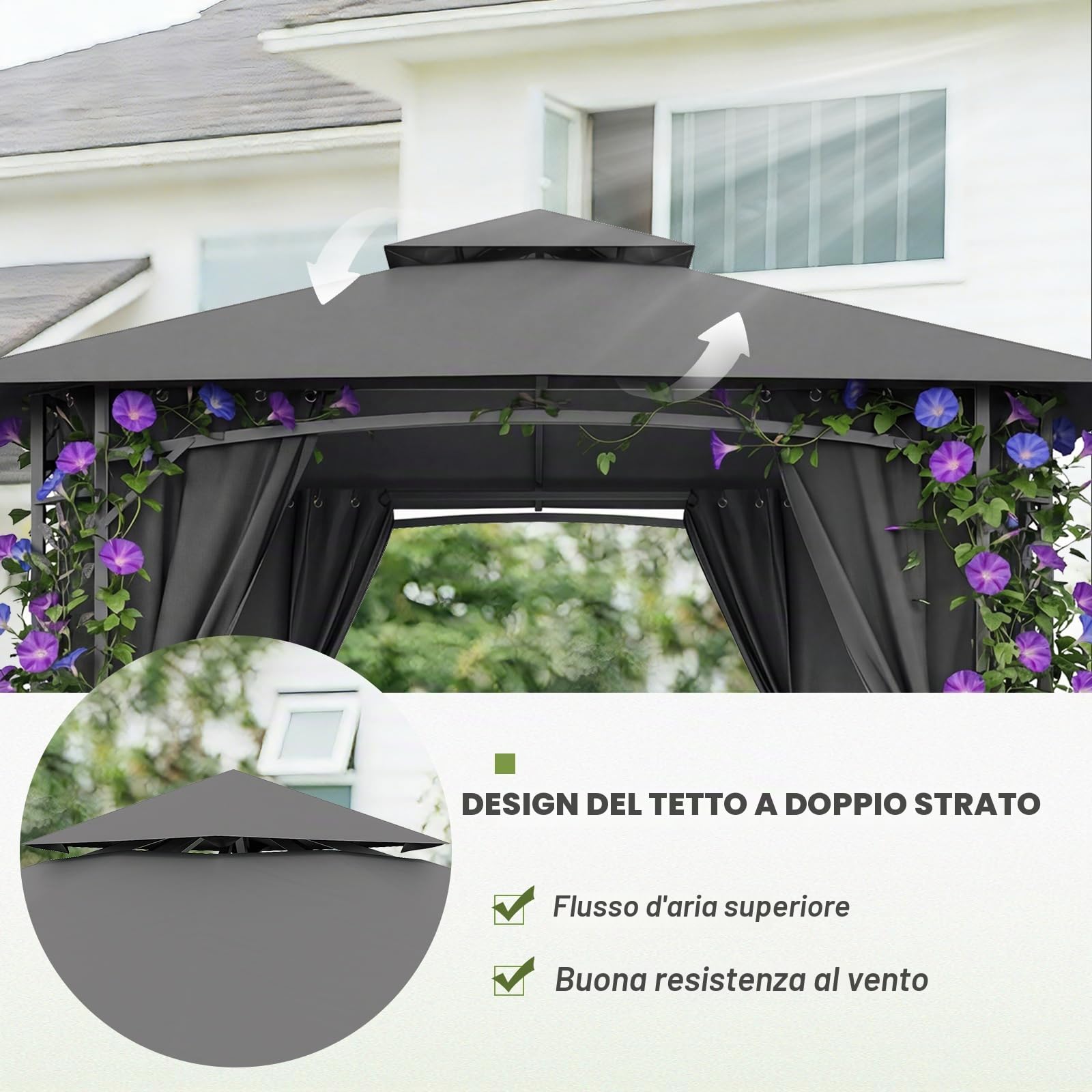 JUMMICO Padiglione da Giardino in Ferro 3.3x3.3m con Fioriera, 4 Pareti Laterali, Stabile, Resistente al Vento e alle Intemperie - Struttura Metallica, Soggiorno da Giardino, Grigio