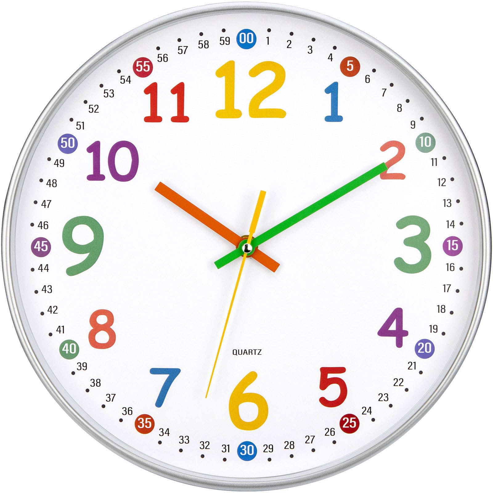 Orologio da Parete per Bambini Orologio per la Camera da Letto, Adatto per la Scuola Quadrante Arcobaleno 30 cm (Argento - Numeri di colore)