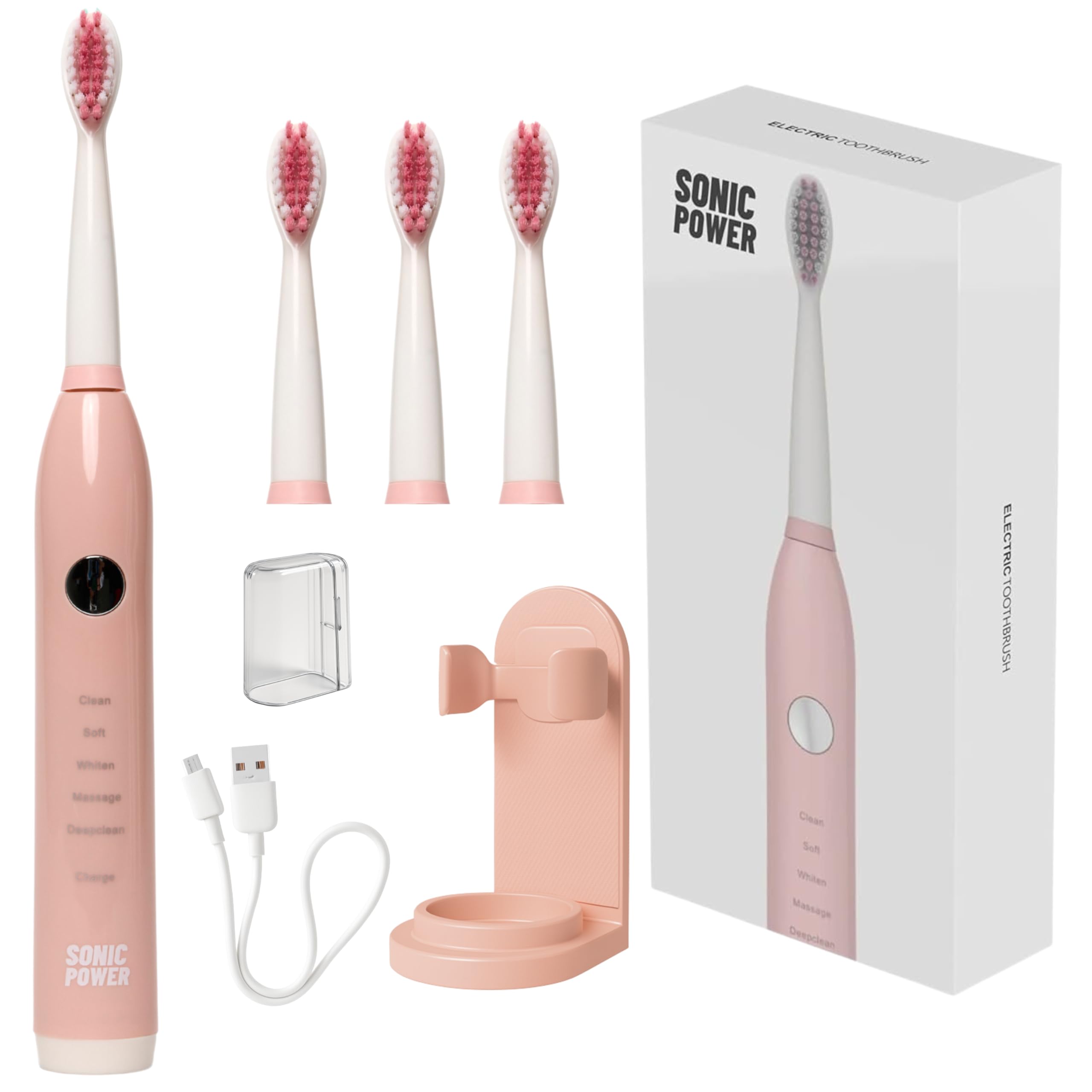 Electric Toothbrush Kit, Ultra Portable & Lightweight with 5 Cleaning Modes, 1 Year Supply of Brush Heads, Rechargeable Battery, Mirror Mount & Travel Cap Included (Pink)-image-11