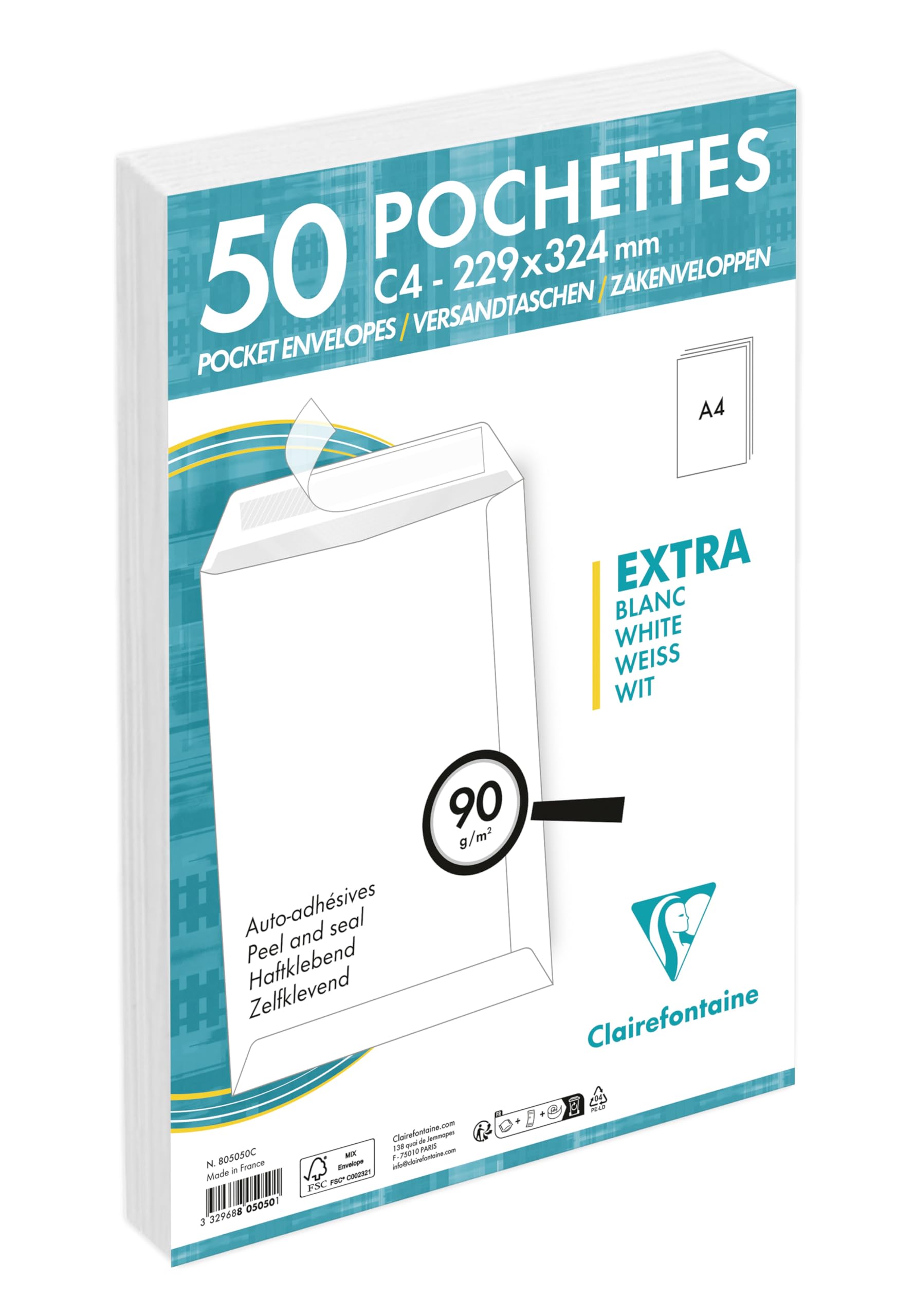 Clairefontaine 805050C - Pack of 50 White Envelopes - Size: C4-229x324 mm - Self-Adhesive - 90g/m² - White Colour - Correspondence - Manufactured in France