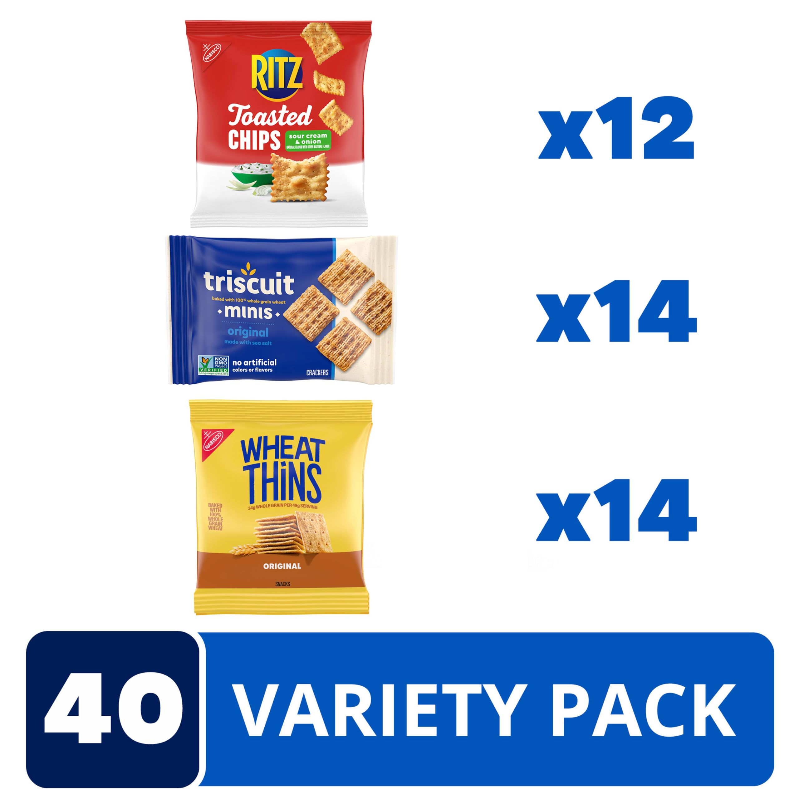 Nabisco Paquete variado de galletas, chips tostados RITZ, galletas de trigo integral y galletas veganas de trigo integral Triscuit Minis, 40 paquetes de aperitivos