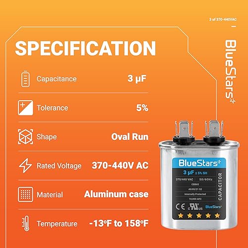 Miniatura 3 de Blue Stars - Repuesto de condensador de arranque ovalado 3 µF/MFD ± 5% 370/440 VCA 50/60 Hz eléctrico, para aire acond. central, bomba de calor