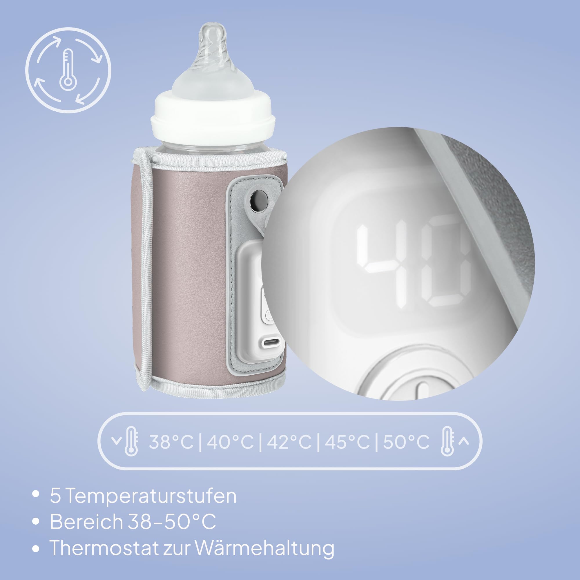 LIONELO Thermup Go Tragbarer Babyflaschenwärmer USB-C, Flaschenwärmer Unterwegs & Auto, 24h Warmhaltefunktion, 5 Temperaturstufen 38–50°C, LCD Display, Thermostat, Universal, BPA-frei, Leise