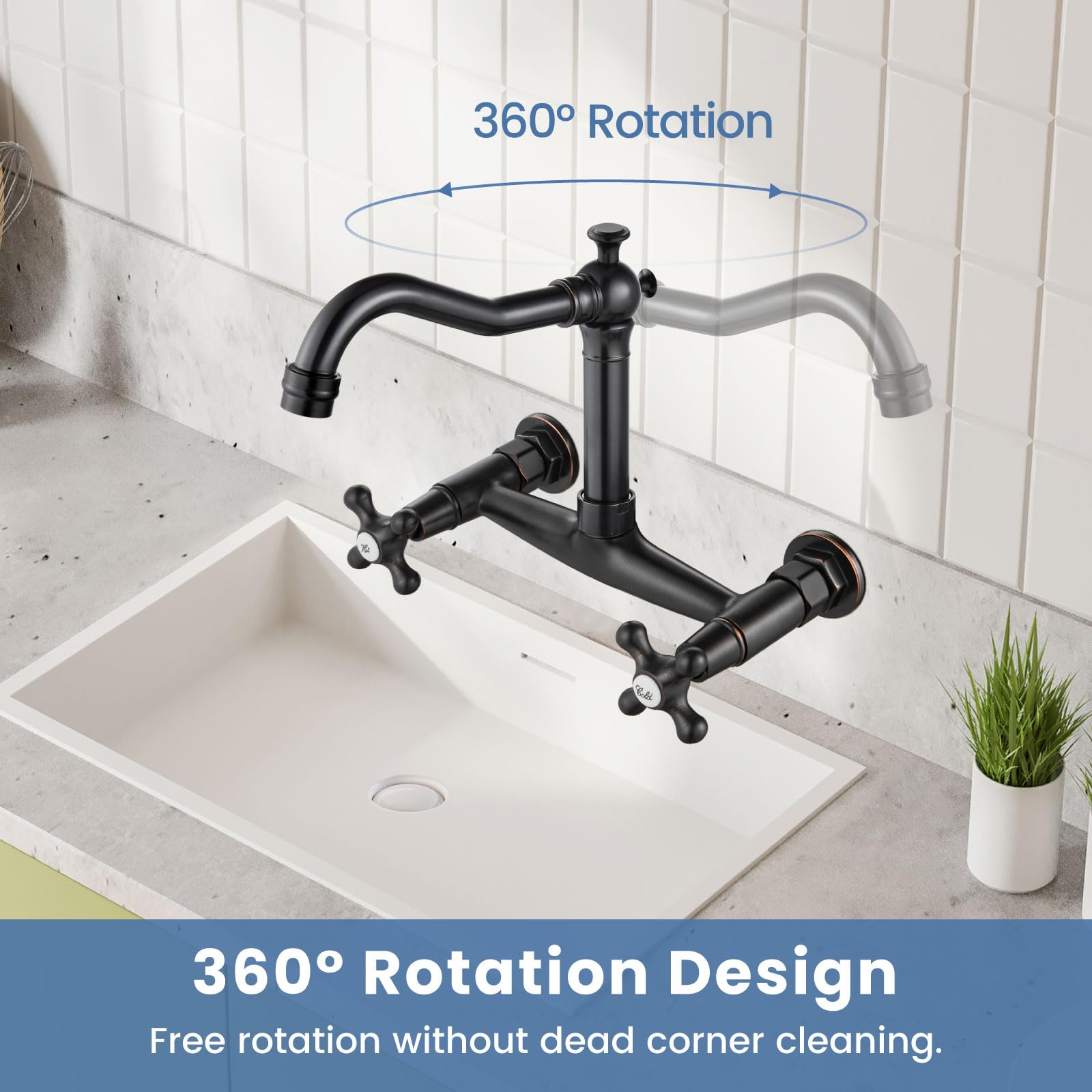 Airuida Grifo central comercial de bronce aceitado de 8 pulgadas para fregadero de cocina y lavabo de montaje en pared grifo 2 agujeros doble cruz asas 360 giratorio