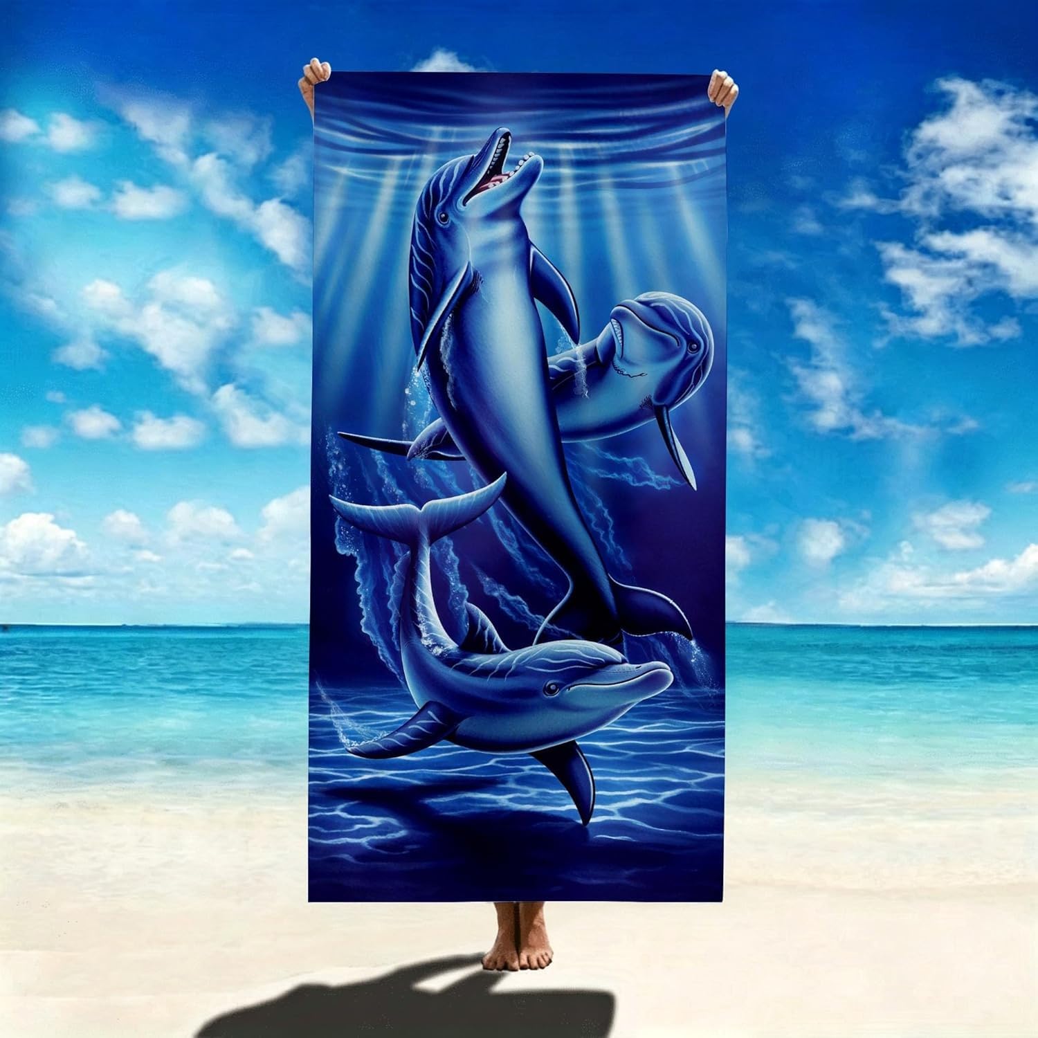YZQGLHP Ocean Microfibre Beach Towel Dolphin Beach Bath Towel Quick Drying, Lightweight, Sand-Free, Durable, for Pool, Gym, Camping, Travel Towel 90x200cm