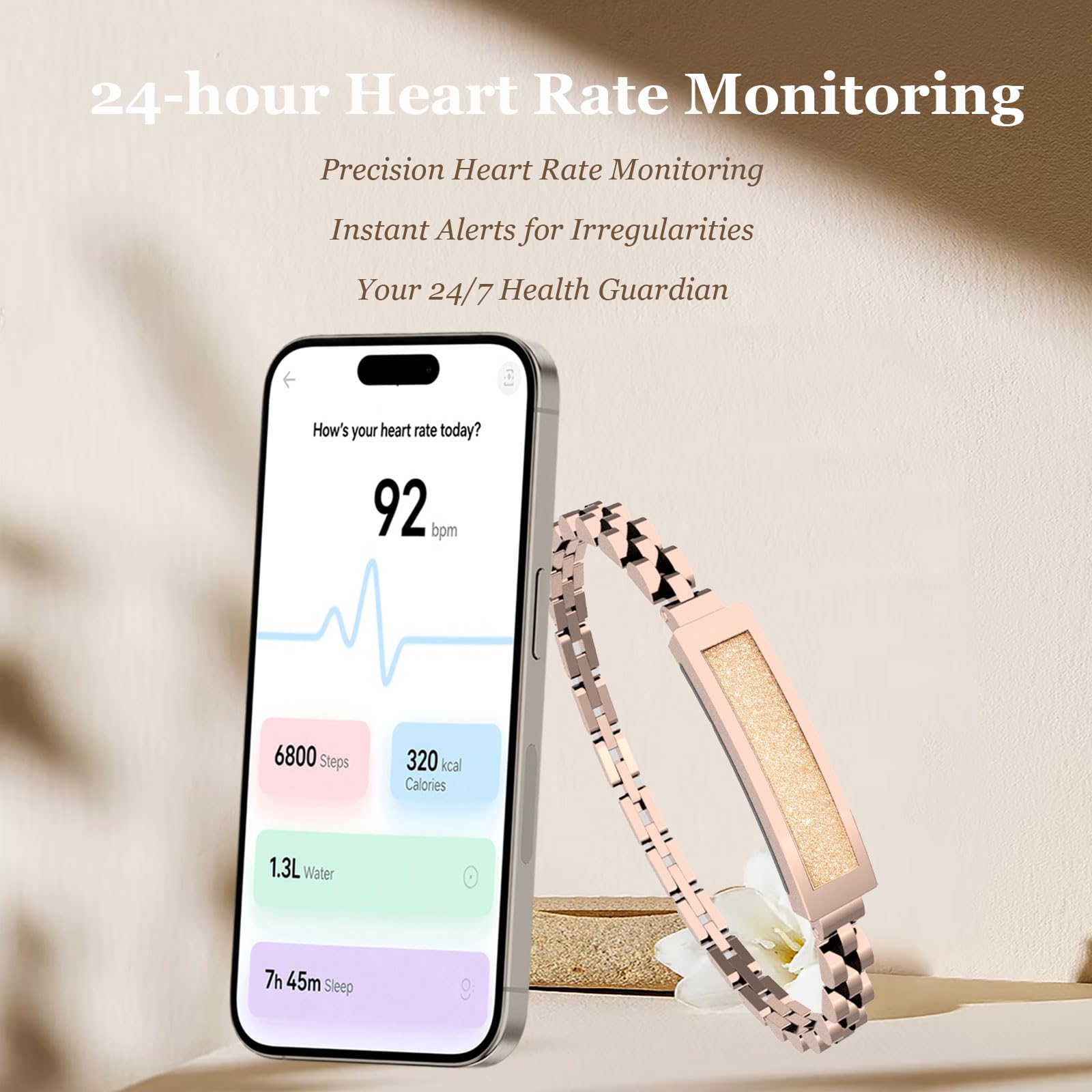 findtime Aktivitätstracker Fitness Tracker Damen Smart Bracelet Smartband Wasserdicht Schrittzähler Schlaftracker Kalorienzähler Schmal Schmuck Edelstahl Armreif für iOS Android Gold Rosegold