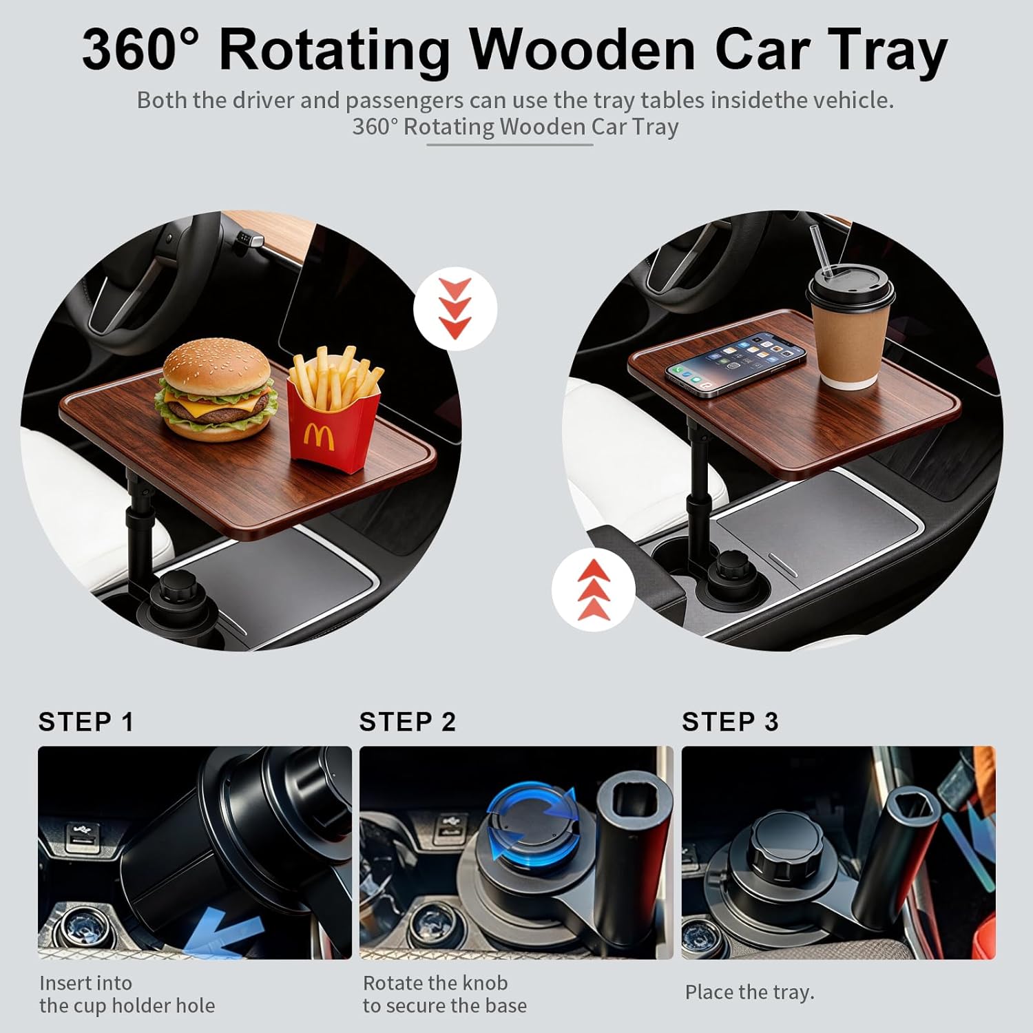 Car Desk for Laptop & Tablet, 360° Swivel Base, Cup Holder Mounted Wood Composite Tray, Tool-Free Setup, Heat Resistant, Fits 2.75–3.93 Inch Cup Holders, Compatible Tesla Y/3/S & Ford F150