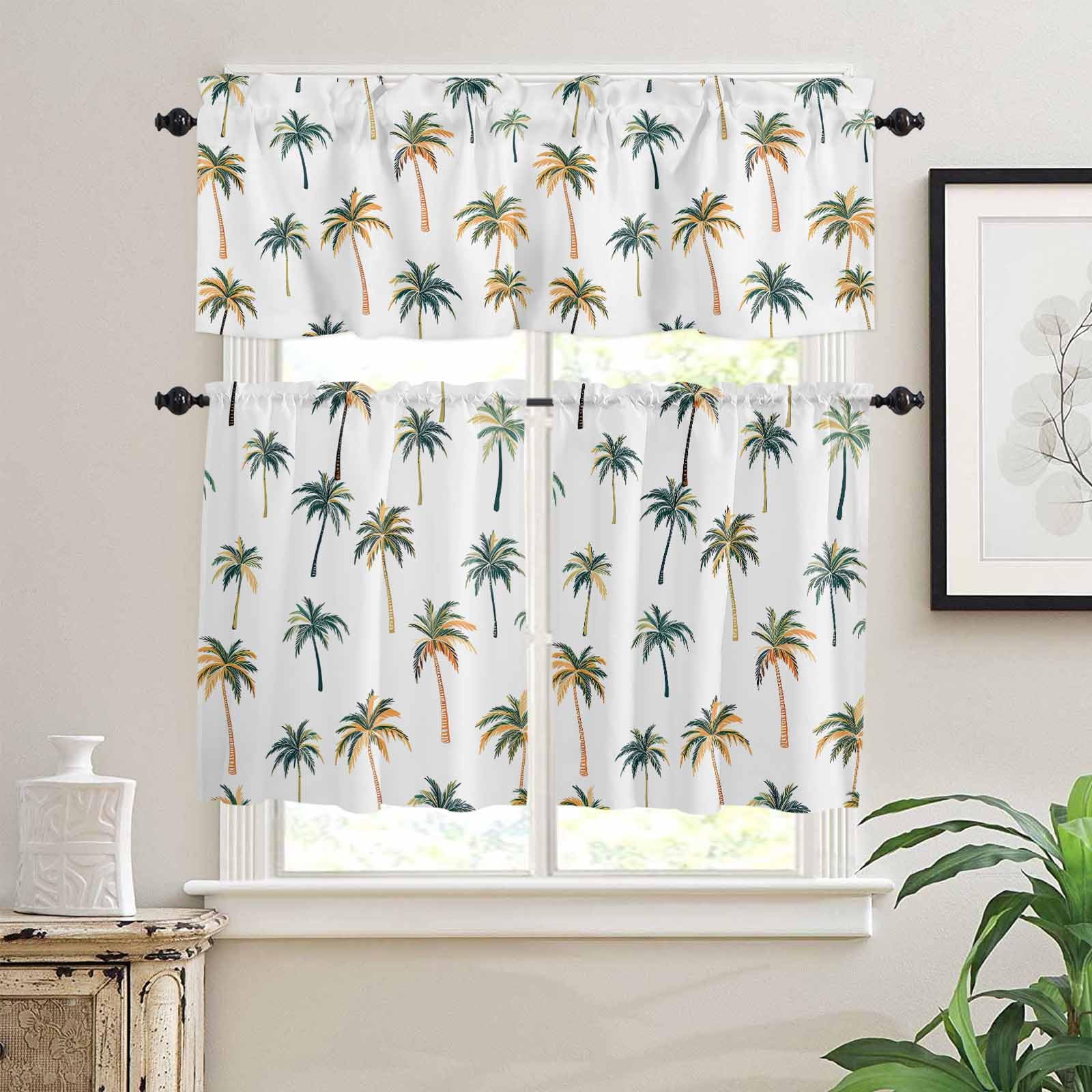 Palm Trees Kitchen Curtains 36 Inch Length, 3 Piece Rod Pocket Small Half Tiers and Valance Set, Watercolor Tropical Summer Botanical Small Large Window Treatment Decor for Bedroom/Bathroom Sink