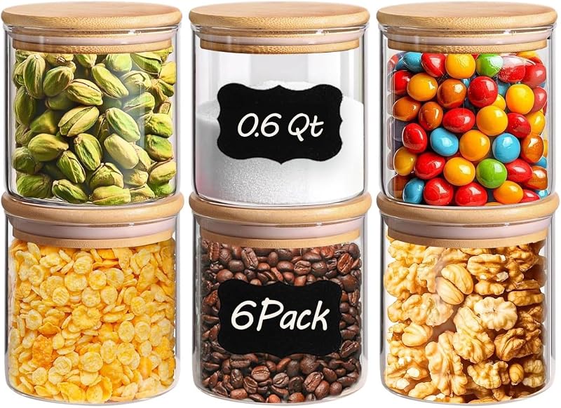 Contenedores de almacenamiento de vidrio ComSaf con tapas de 0,6 qt, paquete de 6 frascos de vidrio pequeños | Recipientes de vidrio pequeños, tarro de especias de 20 oz, organización de estaciones de refrigerios, organización de cafetería, tamaño para subpaquete, sin BPA