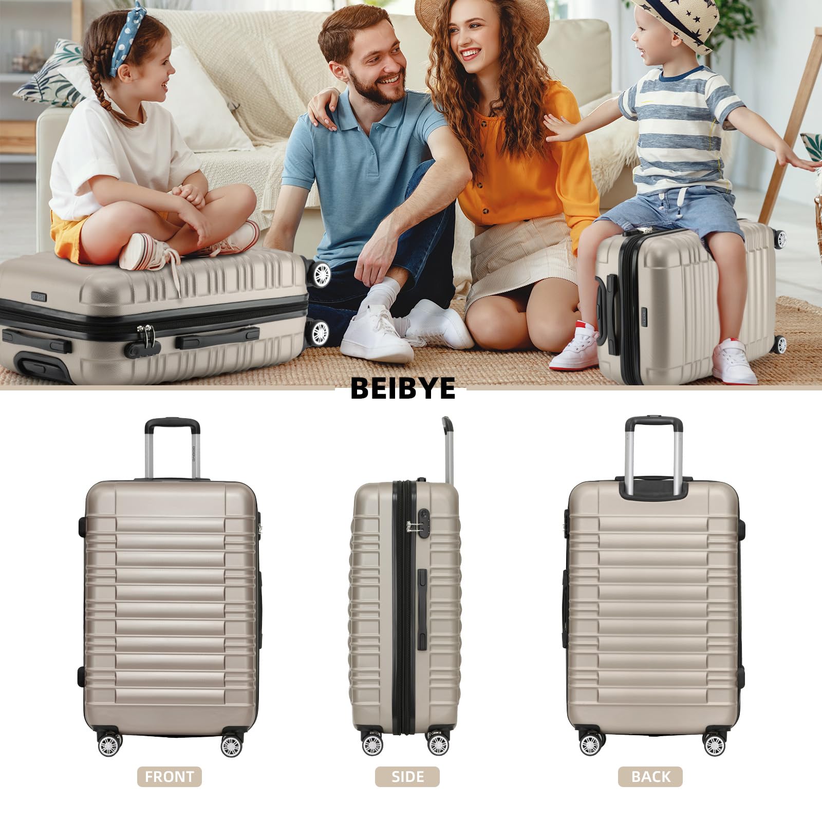 BEIBYE 2088 Zwillingsrollen Reisekoffer Hartschale Trolleys M-L-XL-Set Champagner