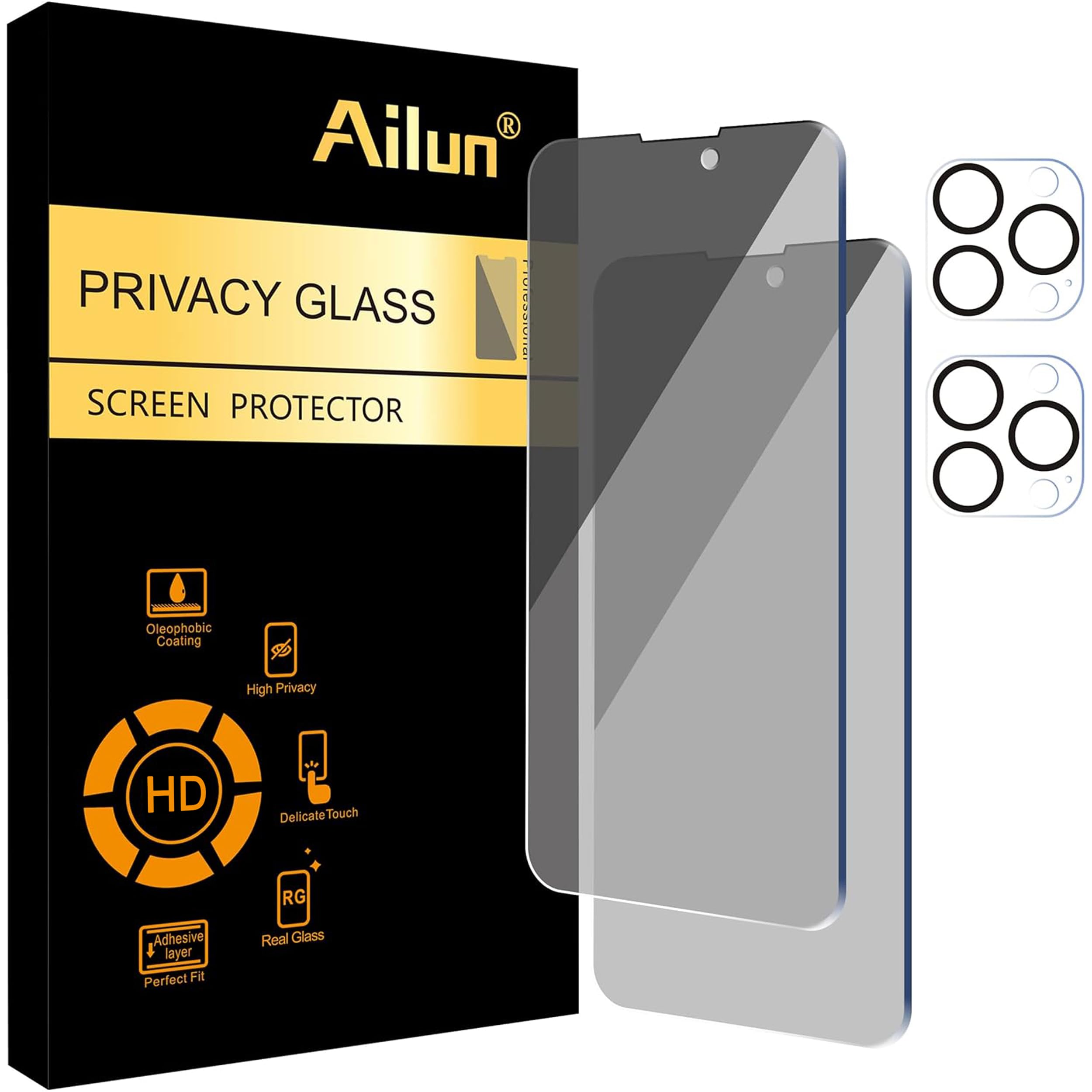 Ailun Privacy Screen Protector + Camera Lens Protector for iPhone 14 Pro | 2+2 Pack, 6.1 Inch, Anti Spy Private, Tempered Glass, Case Friendly