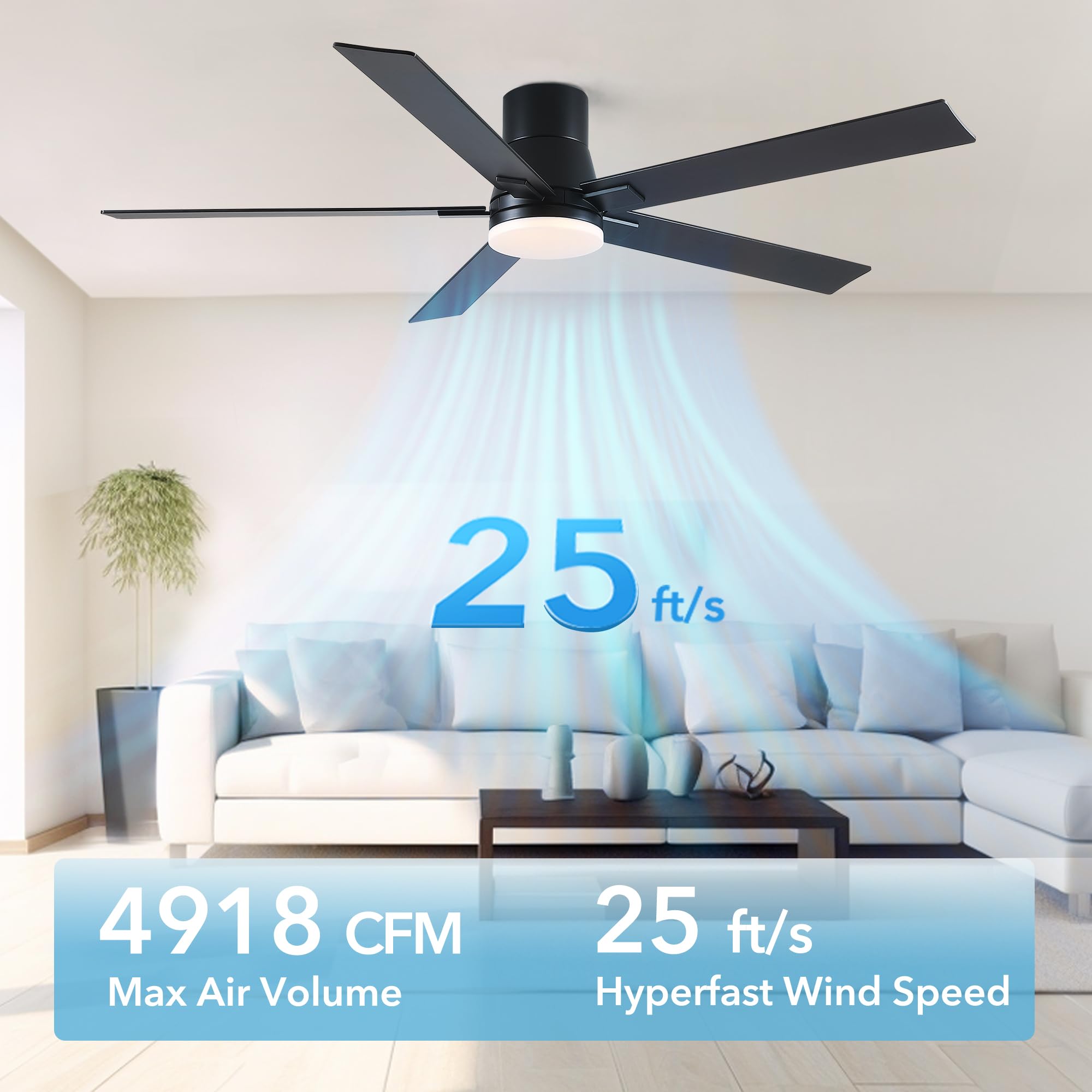 Ventiladores de techo de 60 pulgadas con luces y control remoto, ventilador de techo negro de montaje empotrado con 5 cuchillas, motor CC reversible de 6 velocidades, LED regulable 3CCT, diseño de 3