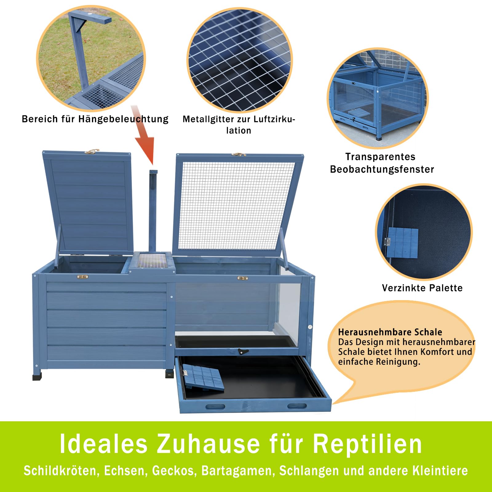Großes Schildkrötenhaus aus Massivholz, Indoor/Outdoor Reptiliengehege mit herausnehmbarem Tablett & Belüftung, Ideal für Schildkröten, Eidechsen, Geckos & Bartagamen