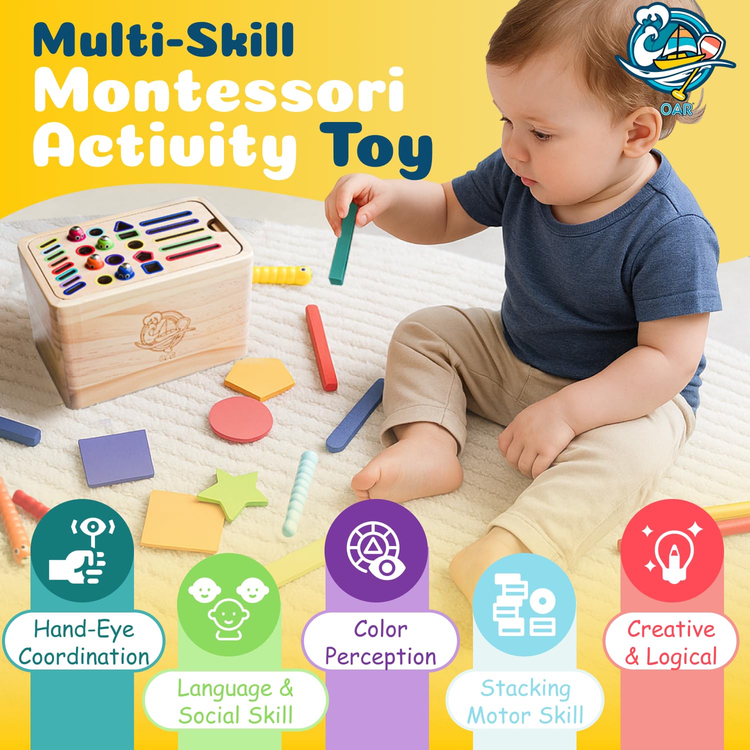 OAR Montessori-Aktivitätsspielzeug aus Holz für Kleinkinder – Multi-Fähigkeiten-Lernset mit Farbsortierung, Stapeln, Feinmotorikaktivitäten, kreatives, logisches und pädagogisches Geschenk für Jungen