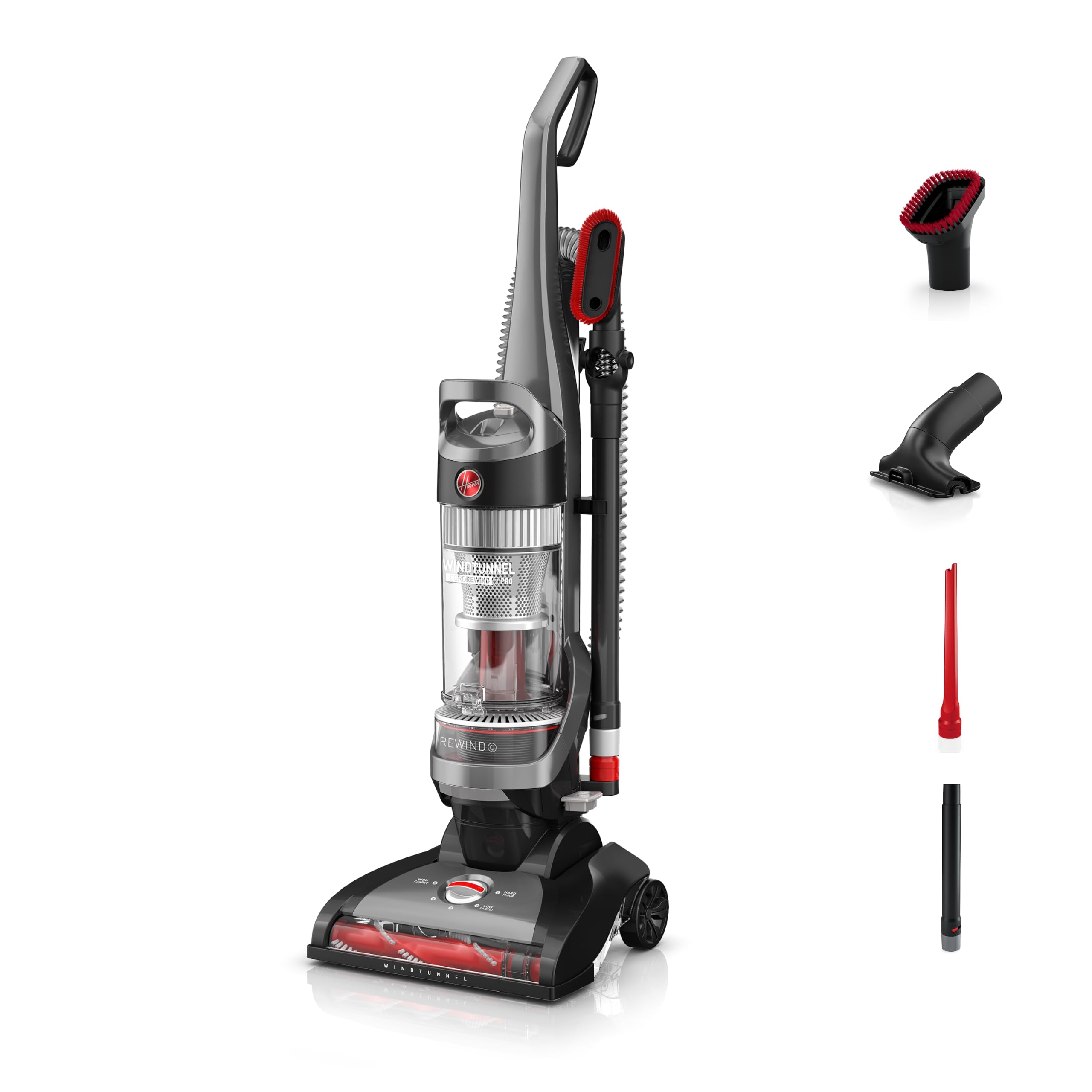 Hoover WindTunnel Cord Rewind Pro Bagless Vacuum Cleaner, Corded Upright Vacuum Cleaner for Carpet and Hard Floor, Multi-Cyclonic Filtration, 25ft Auto-Rewind Cord, 5-Height Adjustment