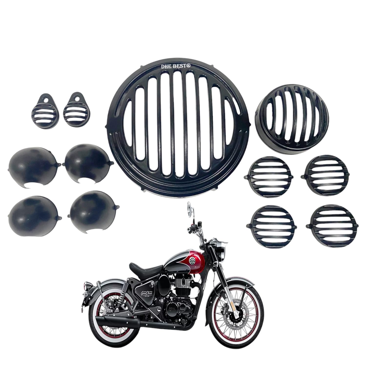 Dhe Best Bike Adjustable Head Light Grill/Jali + Indicator Grill + Indicator Cap +Tail Light Grill and Headlight Indicator Grill Set of 12 Suitable for RE Goan Classic 350-image-23