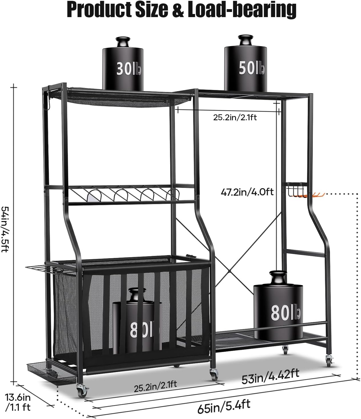 Garage Sports Equipment Organizer with Wheels - Golf Bag Storage Rack and Ball Storage Bins, Heavy Duty Rolling Garage Organizer System with Basket and Hooks for Indoor (Black-Large) - Image 2