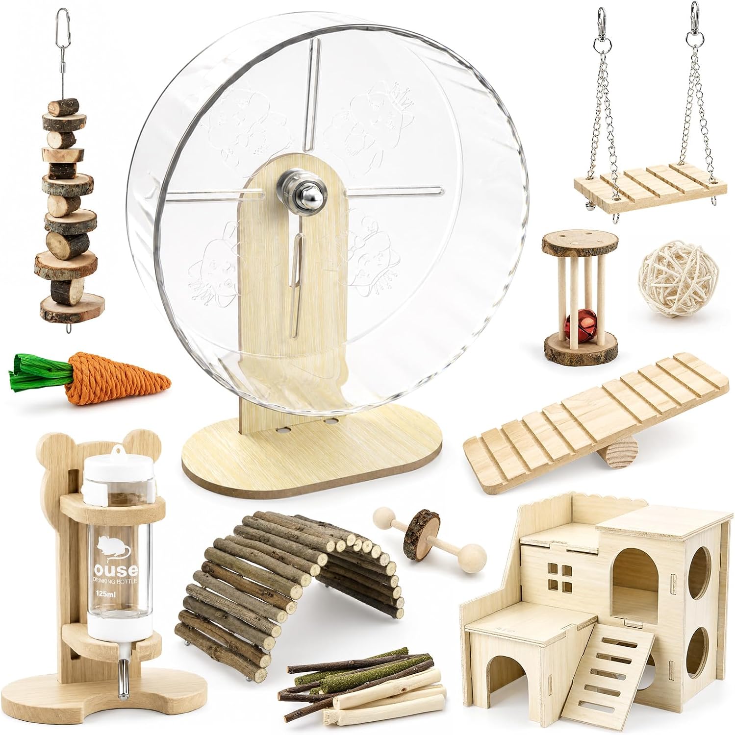 23Pcs Hamster Cage Accessories, Silent Wheel Chew Toys for Small Animals | 9.5in Silent Wheel, Hamster Swing, Adjustable Water Bottle, 18pcs Chew Toys, Maze Wood House for Hamsters/Gerbils/Mice