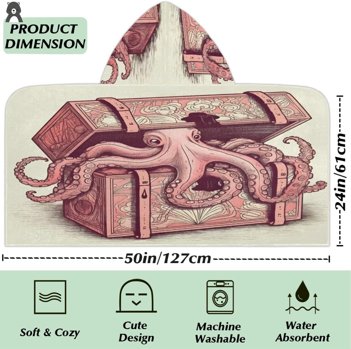 Pardick Kids Bath Towel Treasure Chest Octopus Beach Towel with Hood Pool Cover Up for Girls Boys Soft Absorbent Hooded Bath Towel Toddler Towels for Beach, Pool