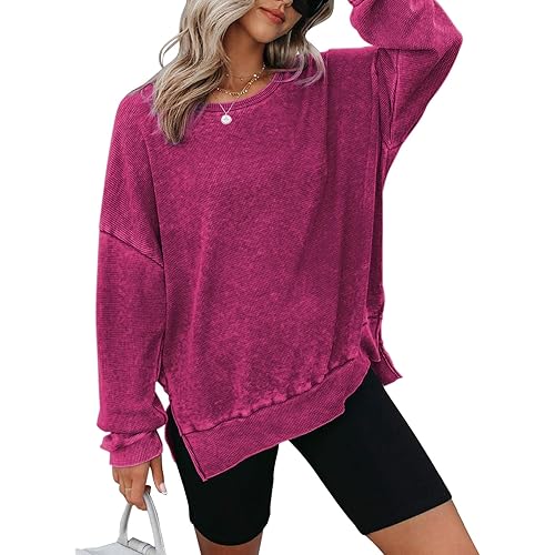 Dokotoo Womens Oversized Waffle Knit Crewneck Sweatshirts Long Sleeve Side Slits Casual Pullover Sweatshirt Tops