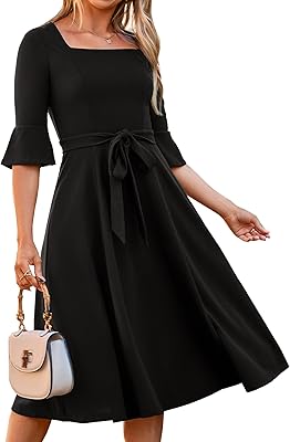BerryGo Womens A Line Midi Dress Bell Sleeve Semi Formal Cocktail Dress Short Funeral Church Party Prom Belted Dresses