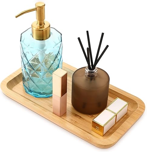 Bandeja de tocador de bambú, bandeja de encimera de baño, organizador rectangular de madera para dispensador de jabón, velas, joyas, perfumes, 9.8 x