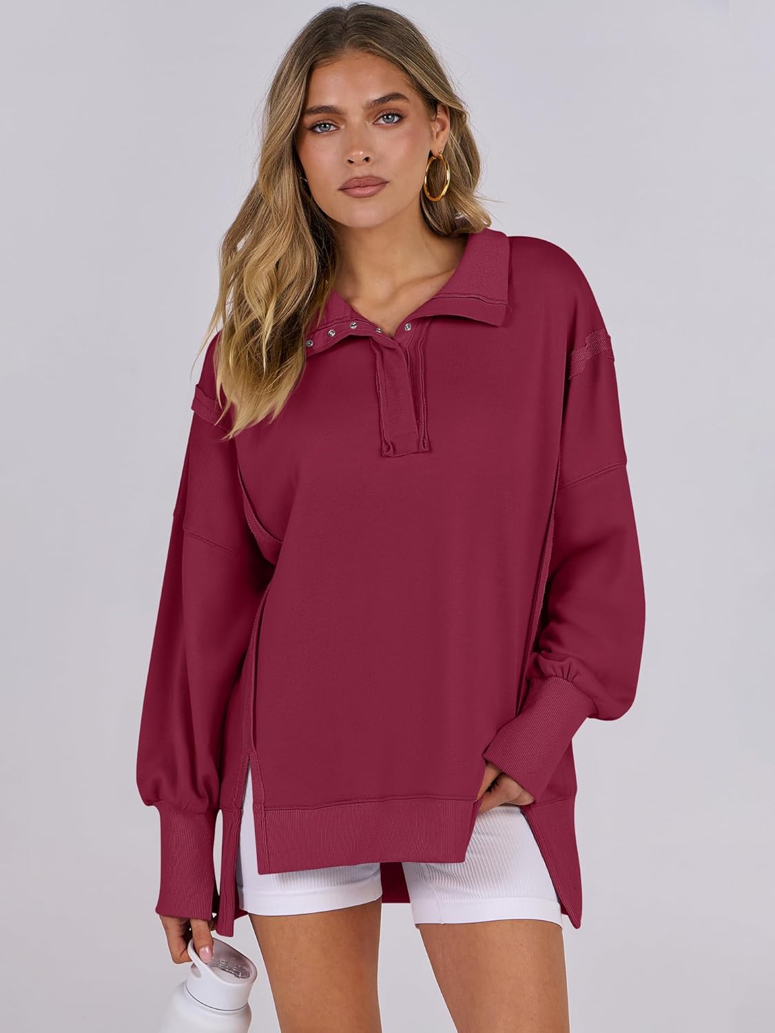 ANRABESS Women's Sweatshirts Oversized Casual Loose Button Up Henley Pullover Top High Low Split 2025 Fall Fashion Outfits - Image 5