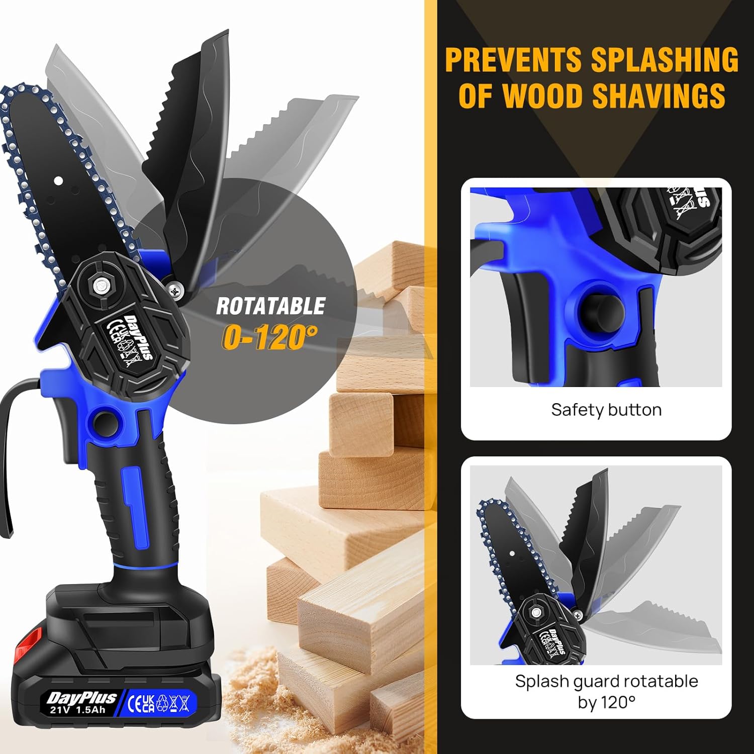 Diagram showing the rotatable splash guard of the mini chainsaw, adjustable from 0-120 degrees, and a close-up of the safety button.