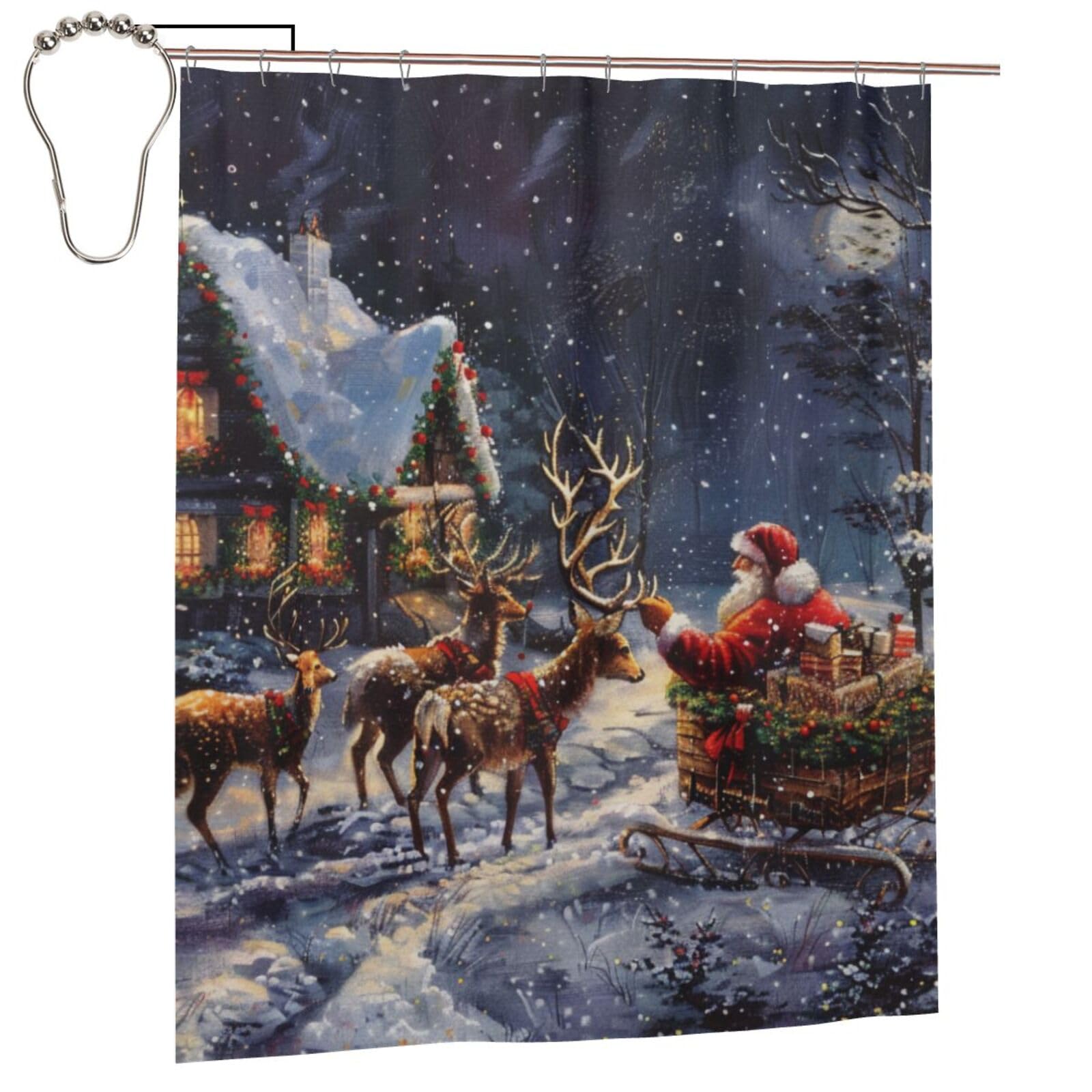 BWWHCCTI Snow Night Santa and Deer Printed Shower Curtain With 12 Iron Hooks Opaque Quick Drying Waterproof Shower Curtains Sets For Bathroom 152x183 Cm