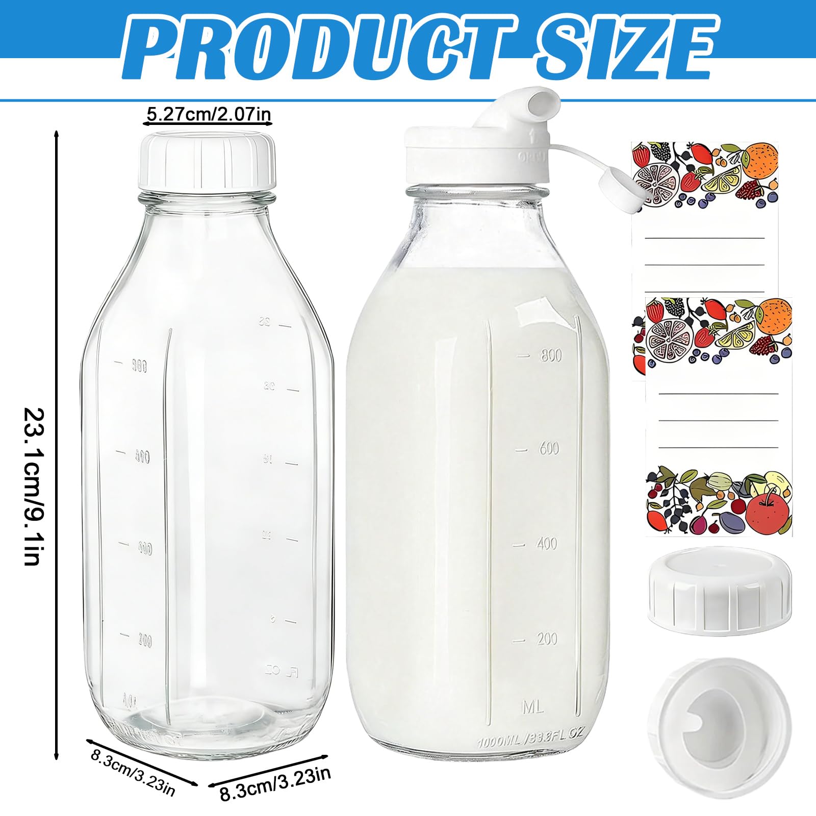 Lot De 2 Bouteilles De Lait En Verre, Bouteilles Carrées En Verre, Carafe À Lait, Avec Couvercles Hermétiques, 1 Litre, Réutilisables Pour Le Stockage Du Lait, Du Jus, Du Miel, De L'eau, Transparent