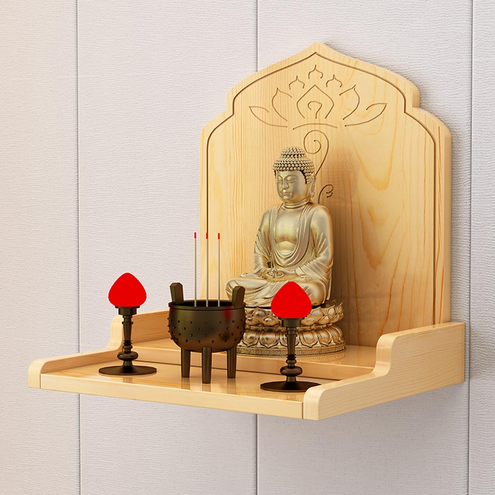 JNTFNE Wall-Mounted Buddha Altar Shelf,Altar Cabinet Shelf Stand Wooden Wall Rack,Altar Table with Storage, Buddhist Shrine Prayer Stand(Wood,36 * 33 33cm/14.1 12.9 12.9in)