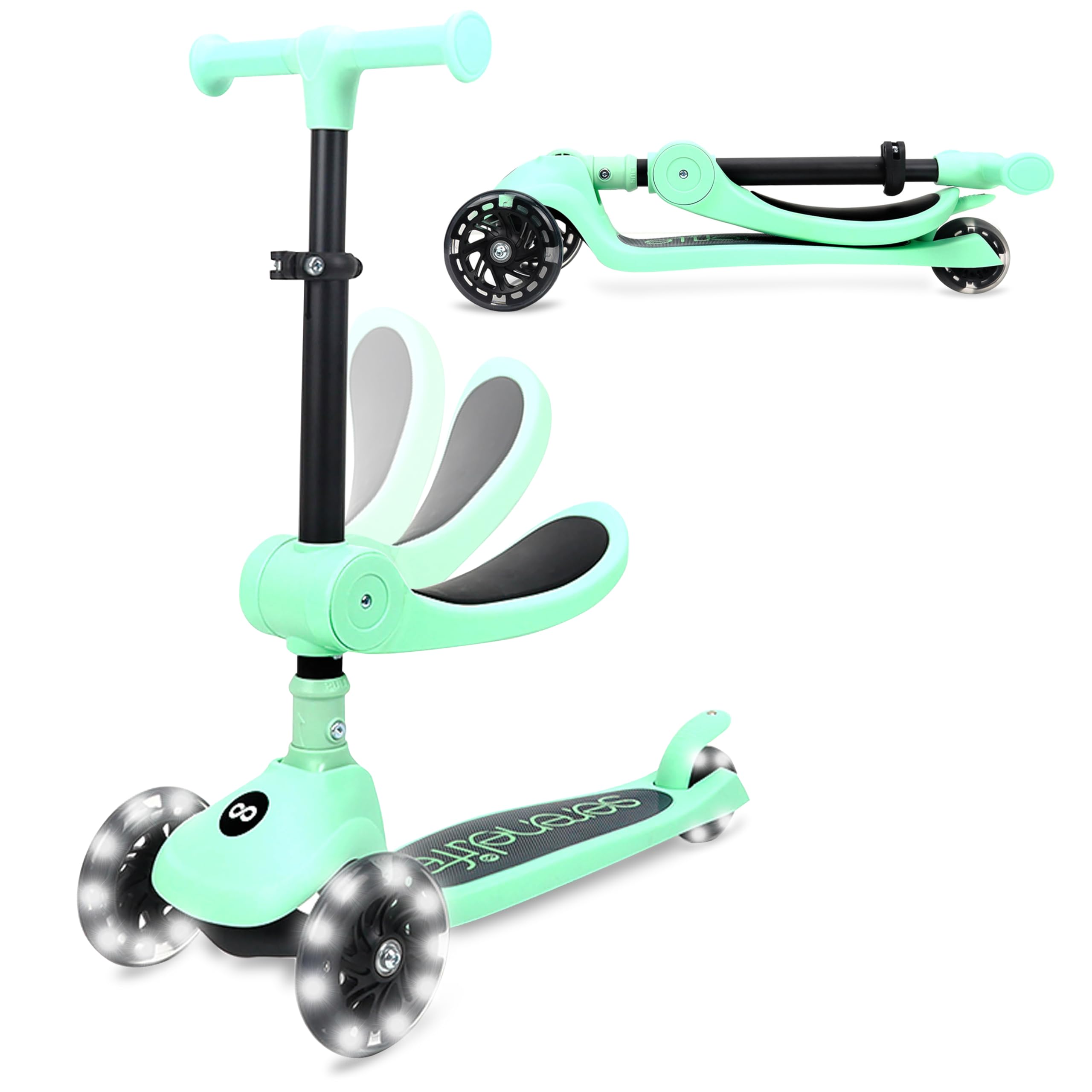 SereneLife Kids Scooter for Ages 3–7 – 3 Wheel Kick Scooter with Seat Option, Light-Up LED Wheels, Lean-to-Steer, Foldable, Adjustable Height, 50 kg Capacity, Mint Green — image 1