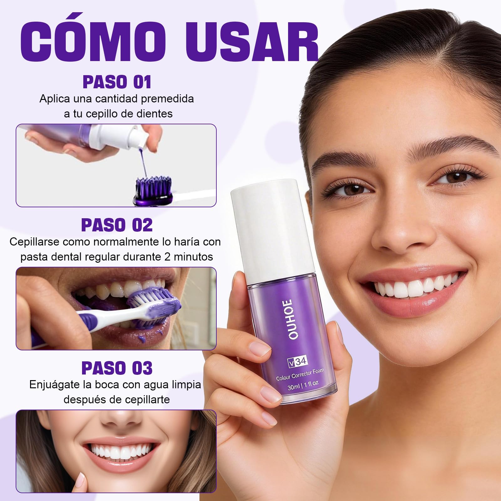 2PCS Púrpura Blanqueador Dental Profesional,Pasta Blanqueadores Dientes,Blanqueamiento Dental Eliminación Profunda de Manchas,Eficaz Para Fortalecer Dientes y Encías,Suave Para Dientes Sensibles — view 6