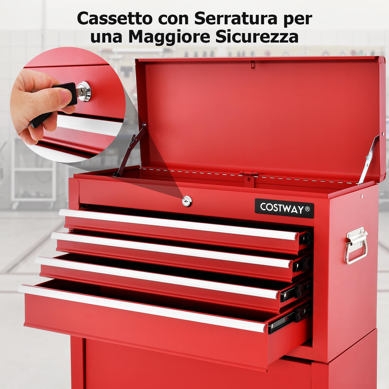 COSTWAY Cassettiera Portautensili a 6 Cassetti, Carrello per Attrezzi con Ruote Bloccabili, con Ripiano rimovibile e Serratura, 61,5 x 33 x 132 cm (rosso)