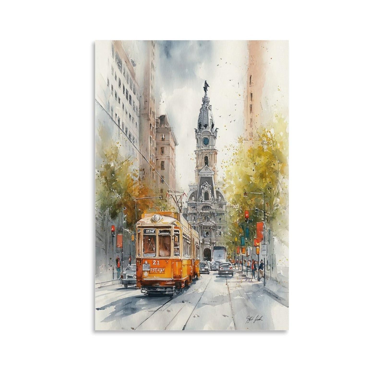 LCYNNH Philadelphia Watercolor Trolley Car 20x30inch(50x75cm) Vintage Travel Poster Watercolor Canvas Art