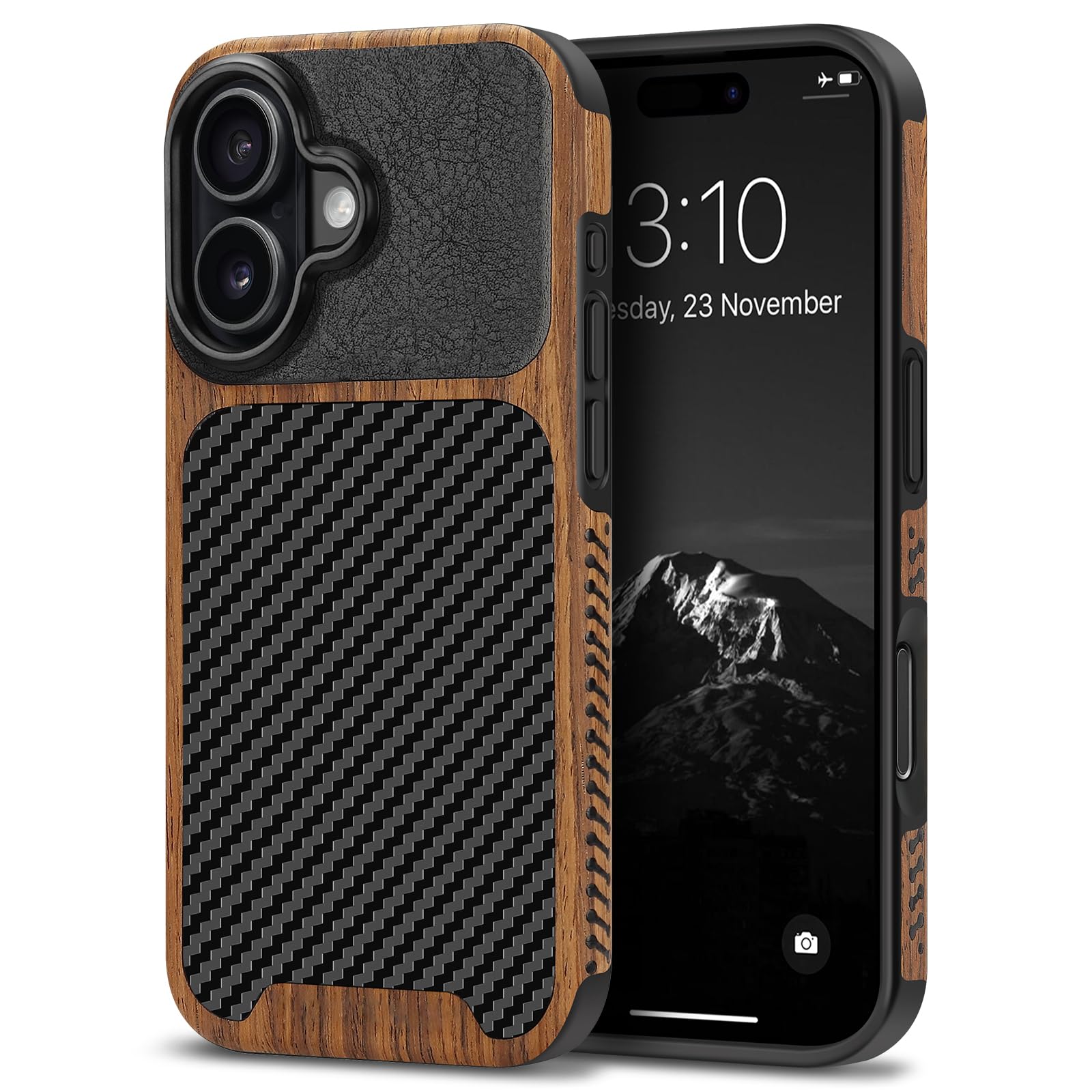 TENDLIN Compatible with iPhone 17 Case Wood Grain with Carbon Fiber Texture Design Leather Hybrid Slim Case Black