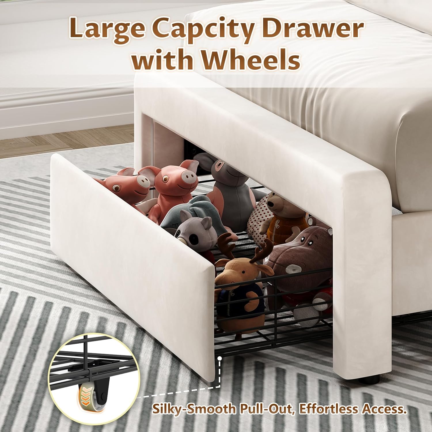 Twin Upholstered LED Bed Frame with Large Storage Drawer & Charging Station, Velvet Platform Bed Frame Twin with LED Lights & Stylish Headboard, Wooden Slats Support, No Box Spring Needed, Beige