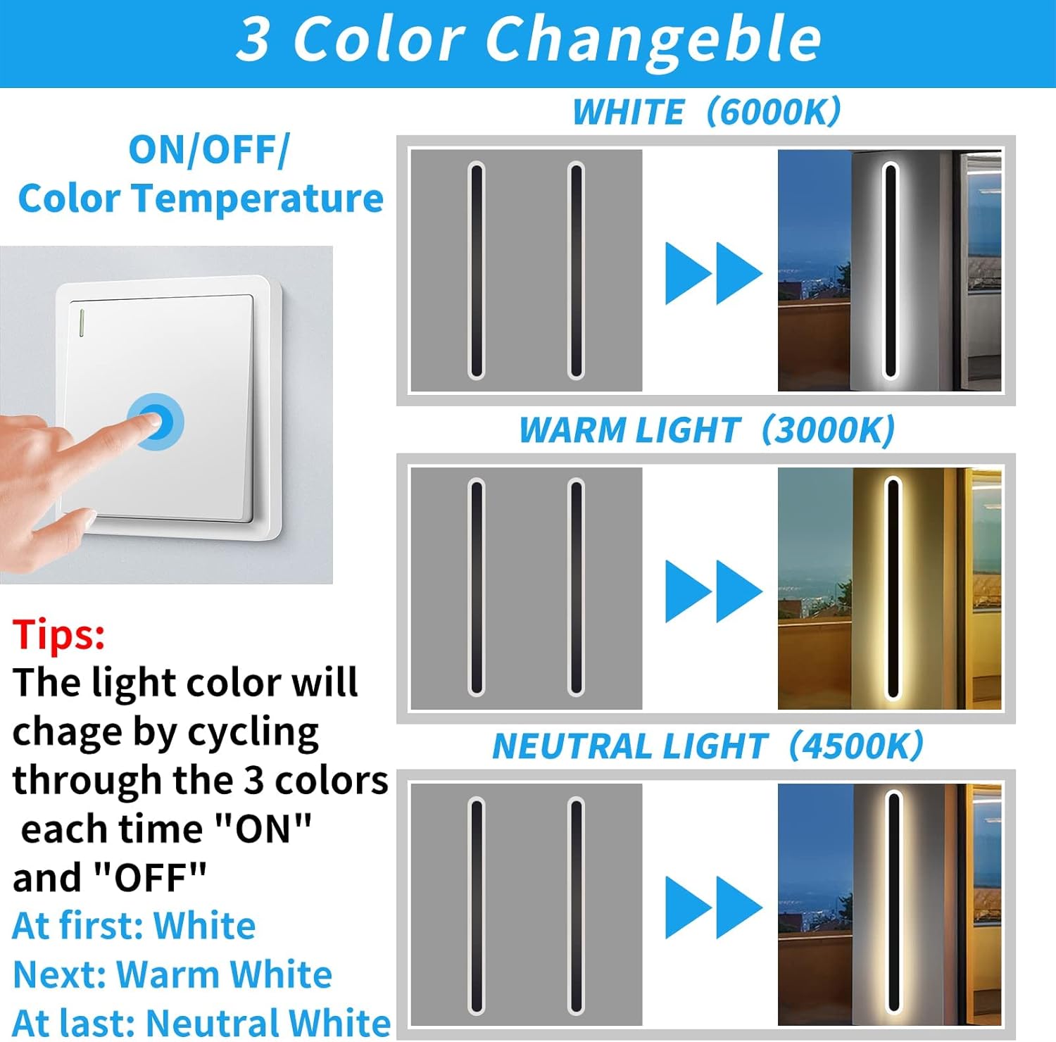 Modern 23.6inch Outdoor Wall Light, 3000k/4500k/6000k 3 Color Change Black Exterior Light Fixtures Wall Mount, Ip65 Waterproof Modern Porch Lights Wall Sconce, Long Linear Outside Lighting Hard-Wired