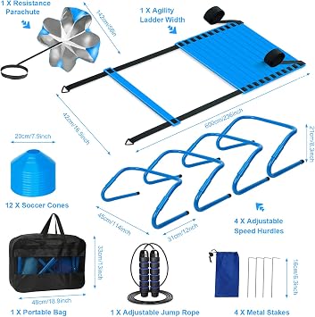 Agility Ladder Training Equipment Set for Children and Teenager | Blue,Football Training Accessories,Football Training Gift,Include Agility Ladder,Cones,Hurdles,Jump Rope,Running Parachute