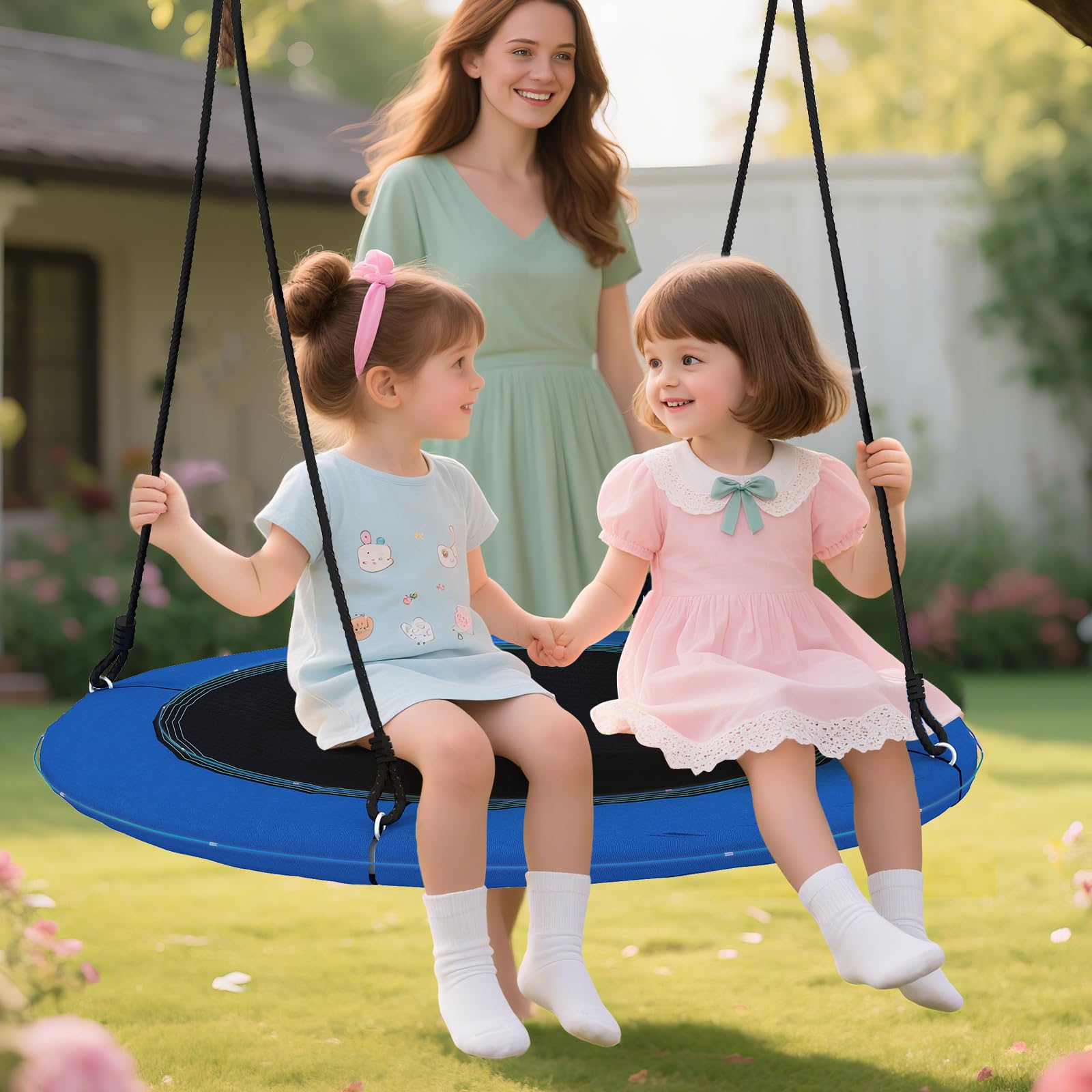 COSTWAY Altalena a Nido 100 cm per Bambini e Adulti, Altalena Rotonda con Luci LED Colorate e 2 Funi Regolabili, Capacità di Carico 300 kg da Giardino Esterno (Blu)
