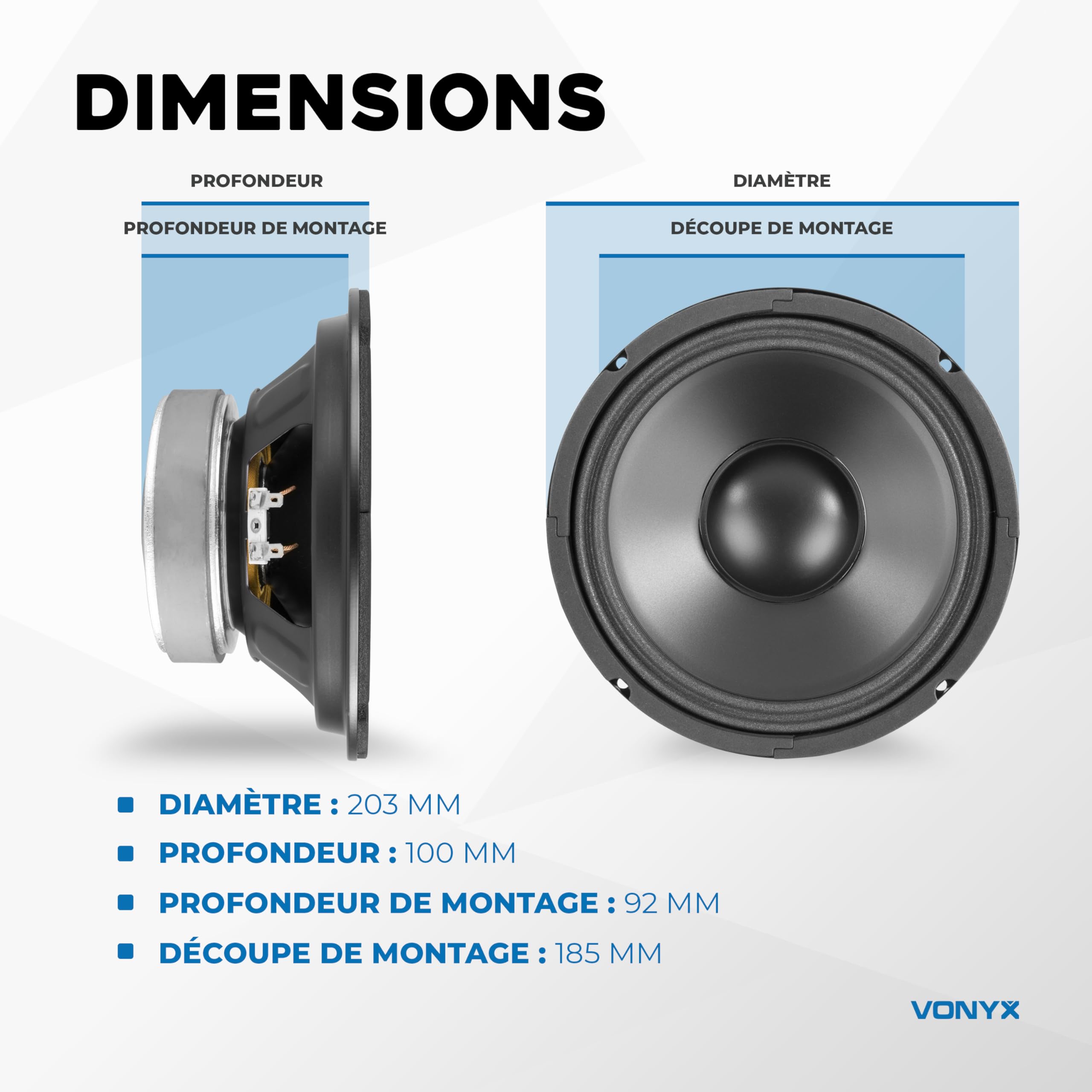 VONYX WP20 Haut-Parleur de Graves - Cône 8 Pouces (20cm), 250 Watts Max, Suspension Mousse, Bobine Résistante à la Chaleur, Idéal pour Enceinte HiFi ou HP de Remplacement