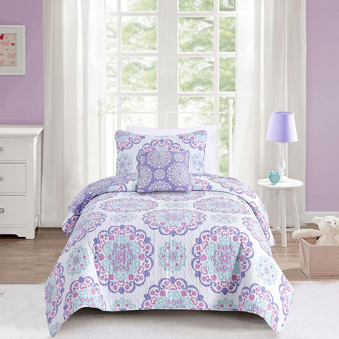 Mytex, Vivian 4-Piece Quilt Set Featuring Medallion Pattern, Bohemian Style, Cotton, Reversible Bedding, Teen, Girls, Purple, Aqua, and Pink, Twin