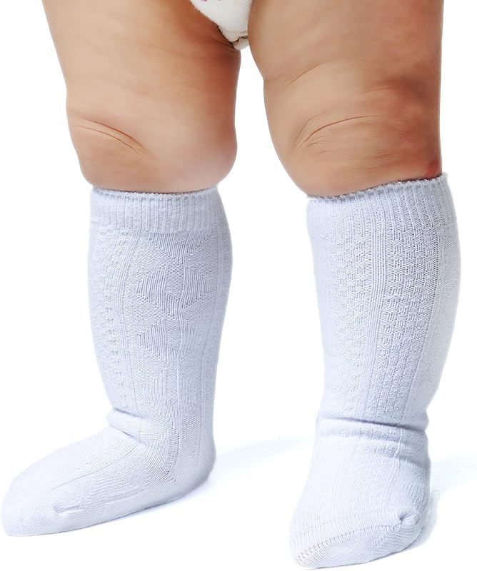 EPEIUS Unisex-Baby 3 Pair Pack Seamless Cable Knit Knee High Socks Infant Boys/Girls Uniform Stockings for 3-6 Months,White