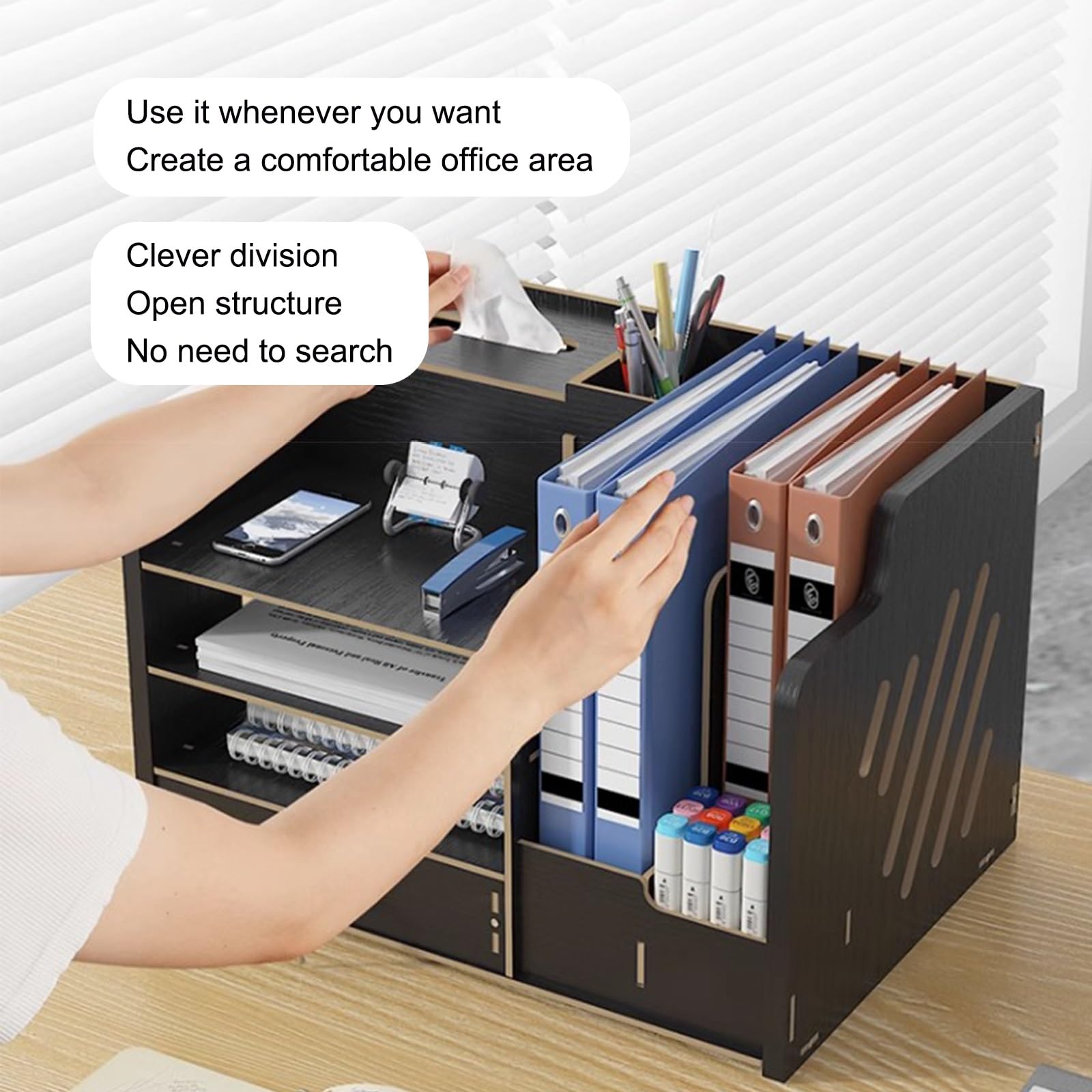 Organizer Scrivania Legno, Multifunzione Organizer da Scrivania, con Scomparti Organizzatore Ufficio, Porta Penne per Scrivania Multifunzione(Light brown)