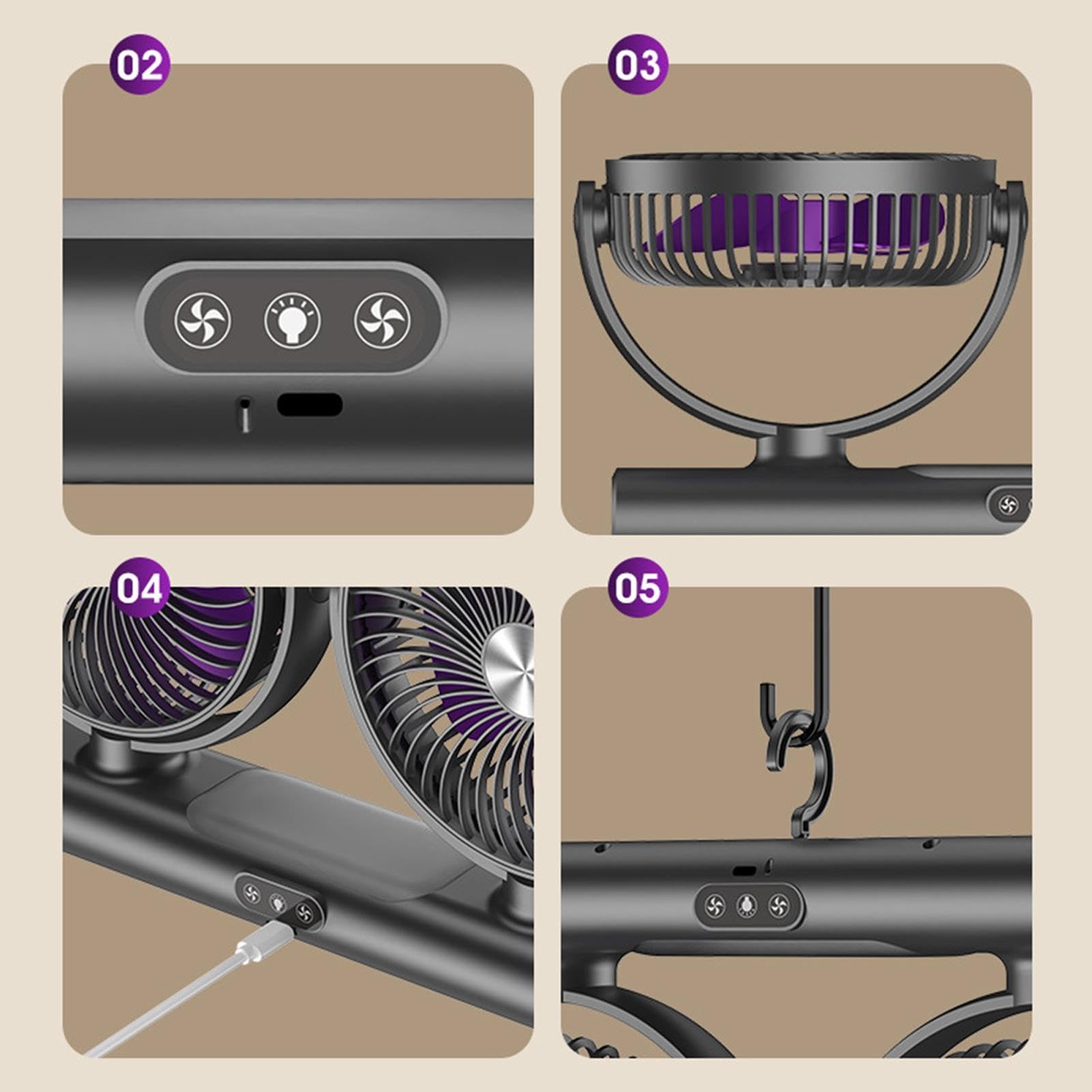 Ventilatore Per Dormitorio Doppia Testa Ricaricabile Rotazione Multi-Angolo | ventilatore per tavolino Per Camera Da , Dormitorio, Palestra, Tenda, Campeggio, Soffitto