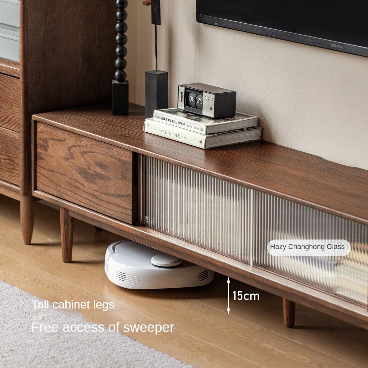 GVAwood Oak Solid Wood Modern Simple Floor TV Cabinet. 86.6x13.7x16.9 inch / 220x35x43.5 cm/Walnut Color/TV Cabinet