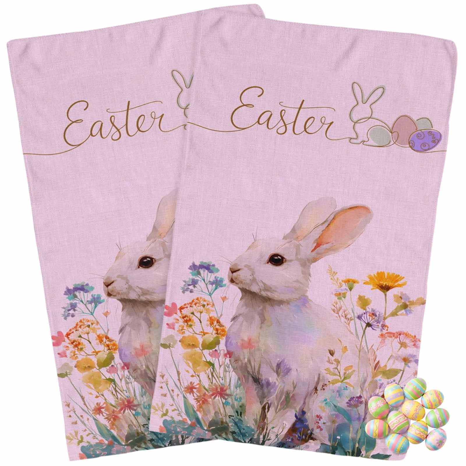 Kitchen Towels Pack of 2 Spring Easter Rabbit Flower Dish Drying Towels,Soft Absorbent Microfiber Cleaning Cloths Watercolor Garden Floral Pink Quick Drying Hand Towels Set,18×28 inches